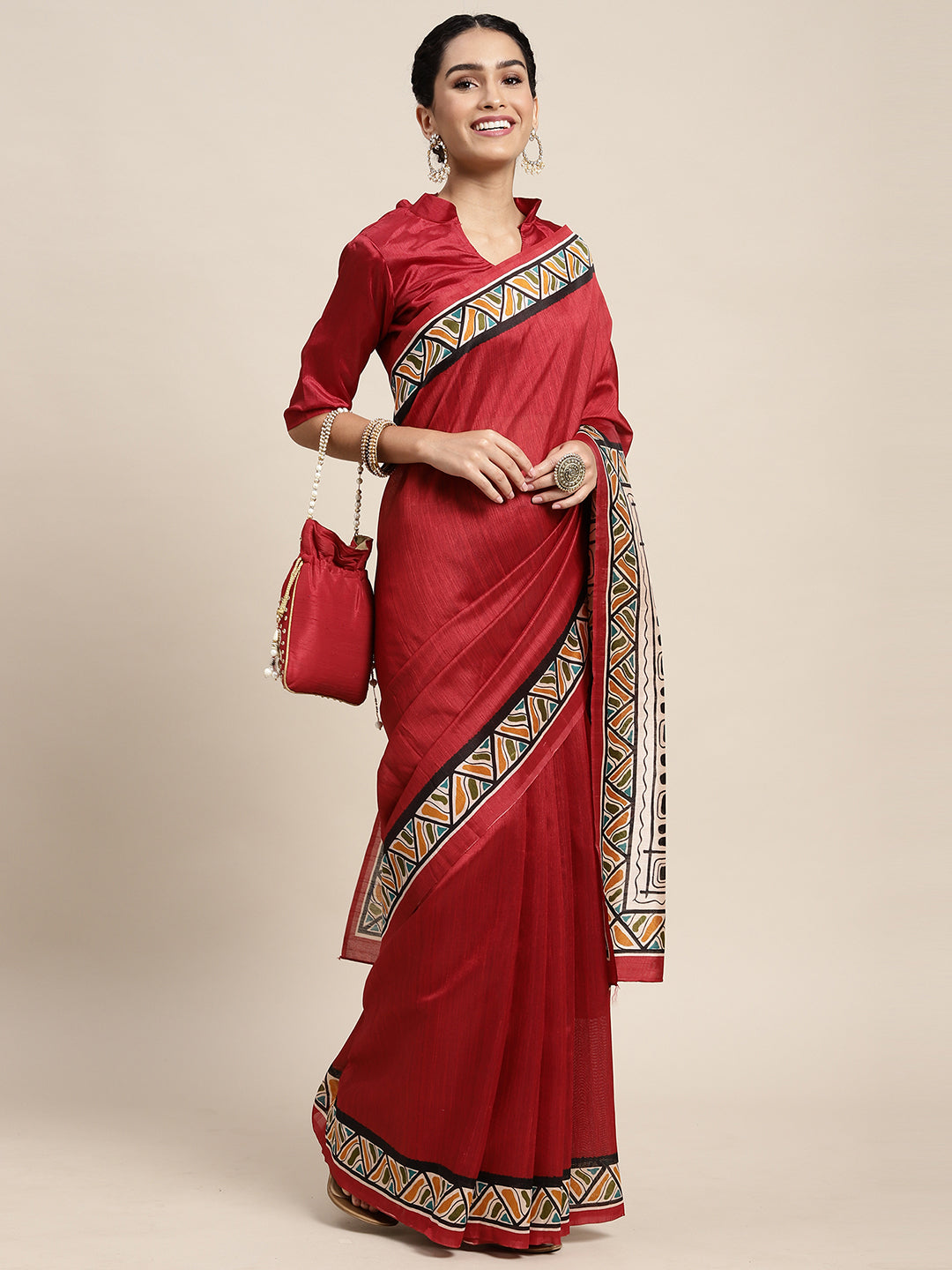 Bhagalpuri Silk Maroon Printed Celebrity Saree With Blouse