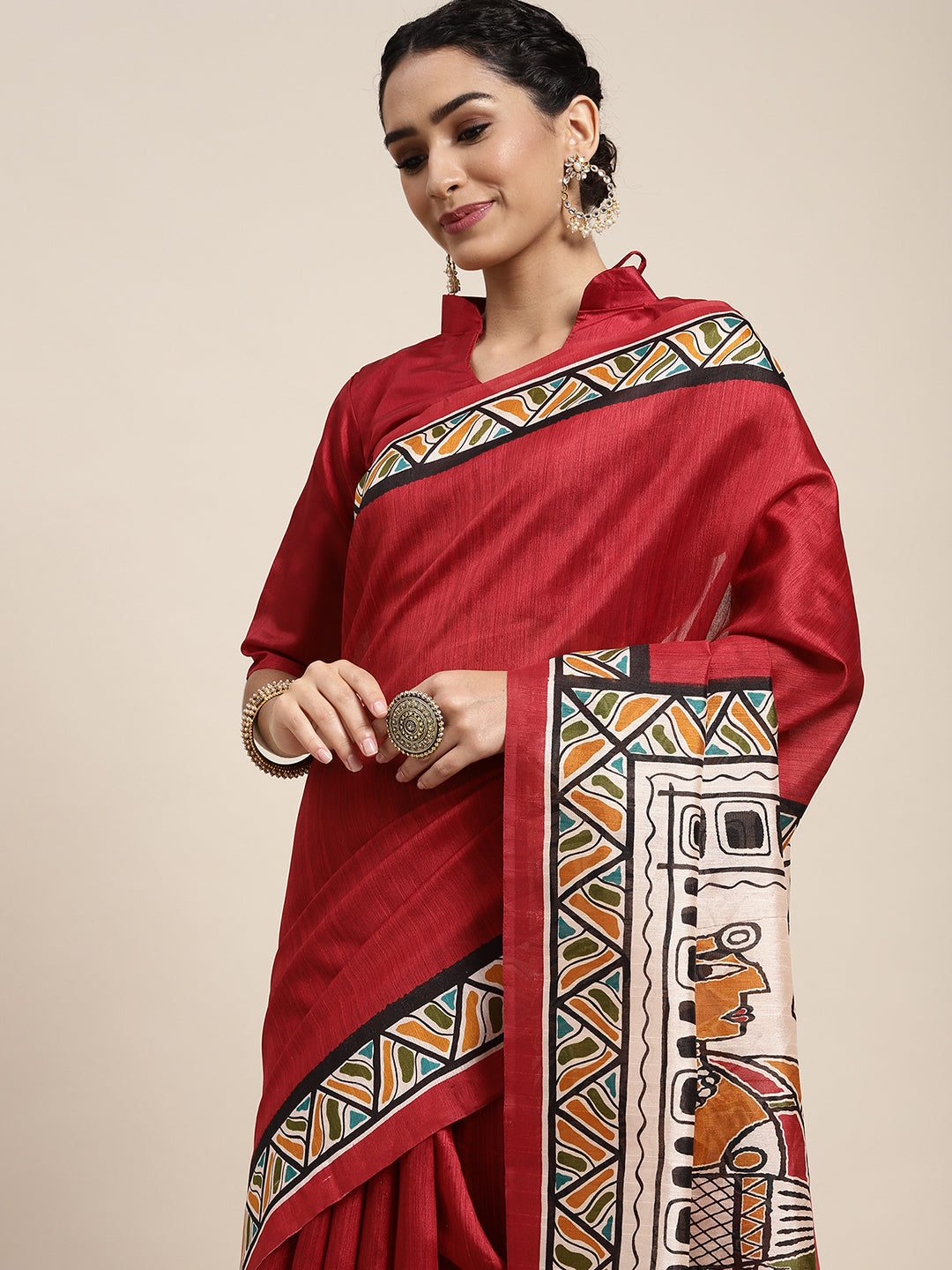 Bhagalpuri Silk Maroon Printed Celebrity Saree With Blouse