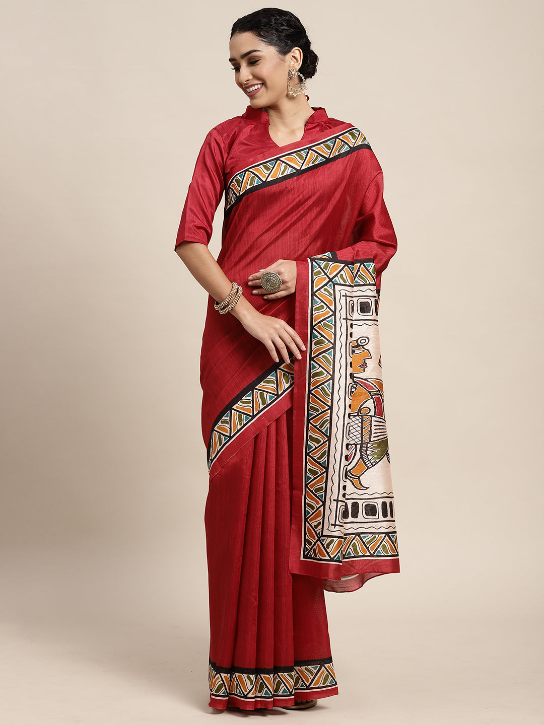 Bhagalpuri Silk Maroon Printed Celebrity Saree With Blouse