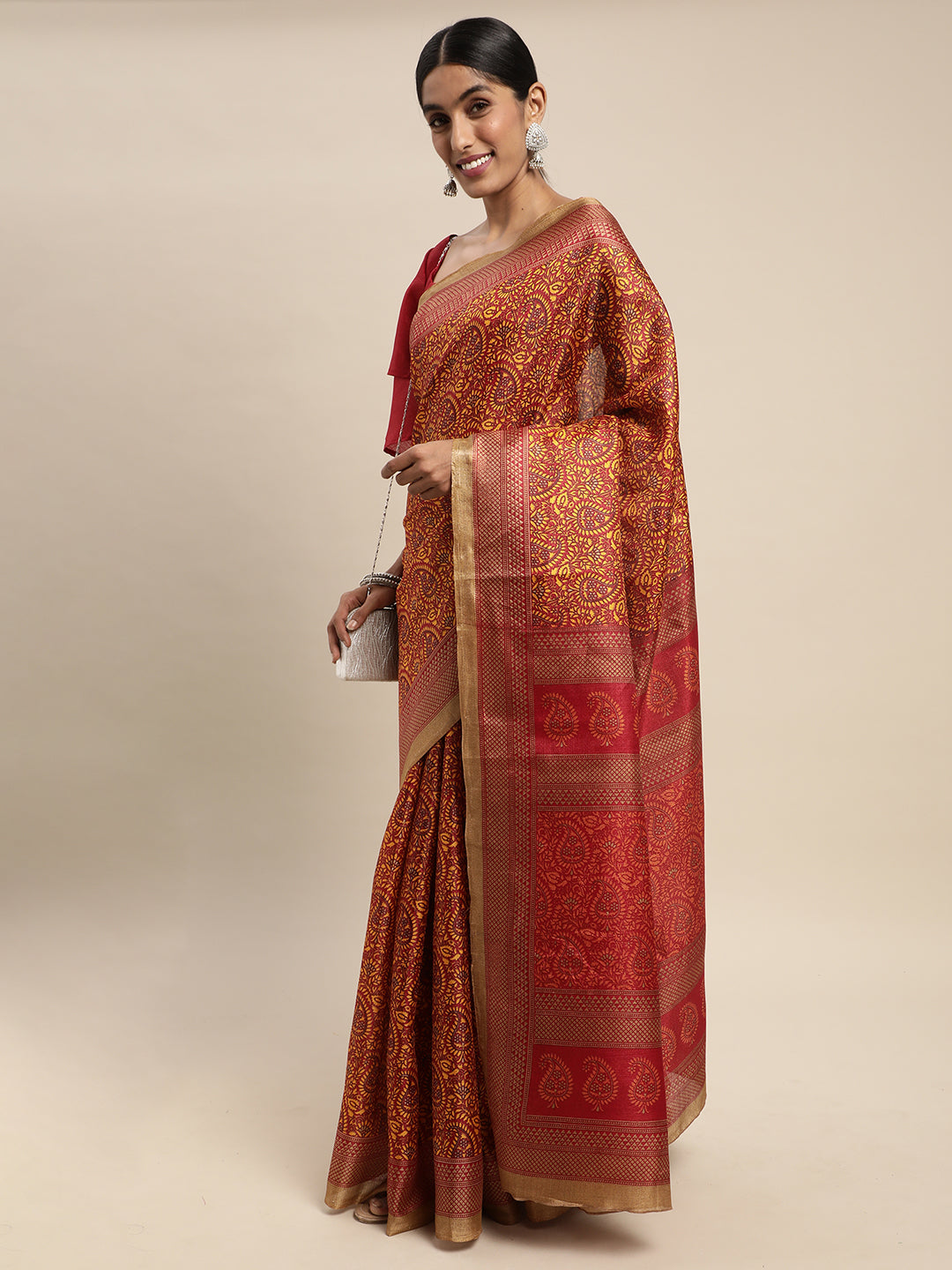 Bhagalpuri Silk Mustard Printed Celebrity Saree With Blouse