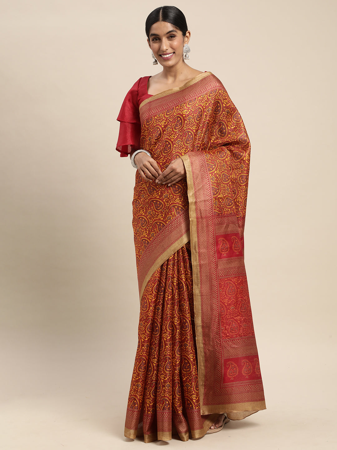 Bhagalpuri Silk Mustard Printed Celebrity Saree With Blouse