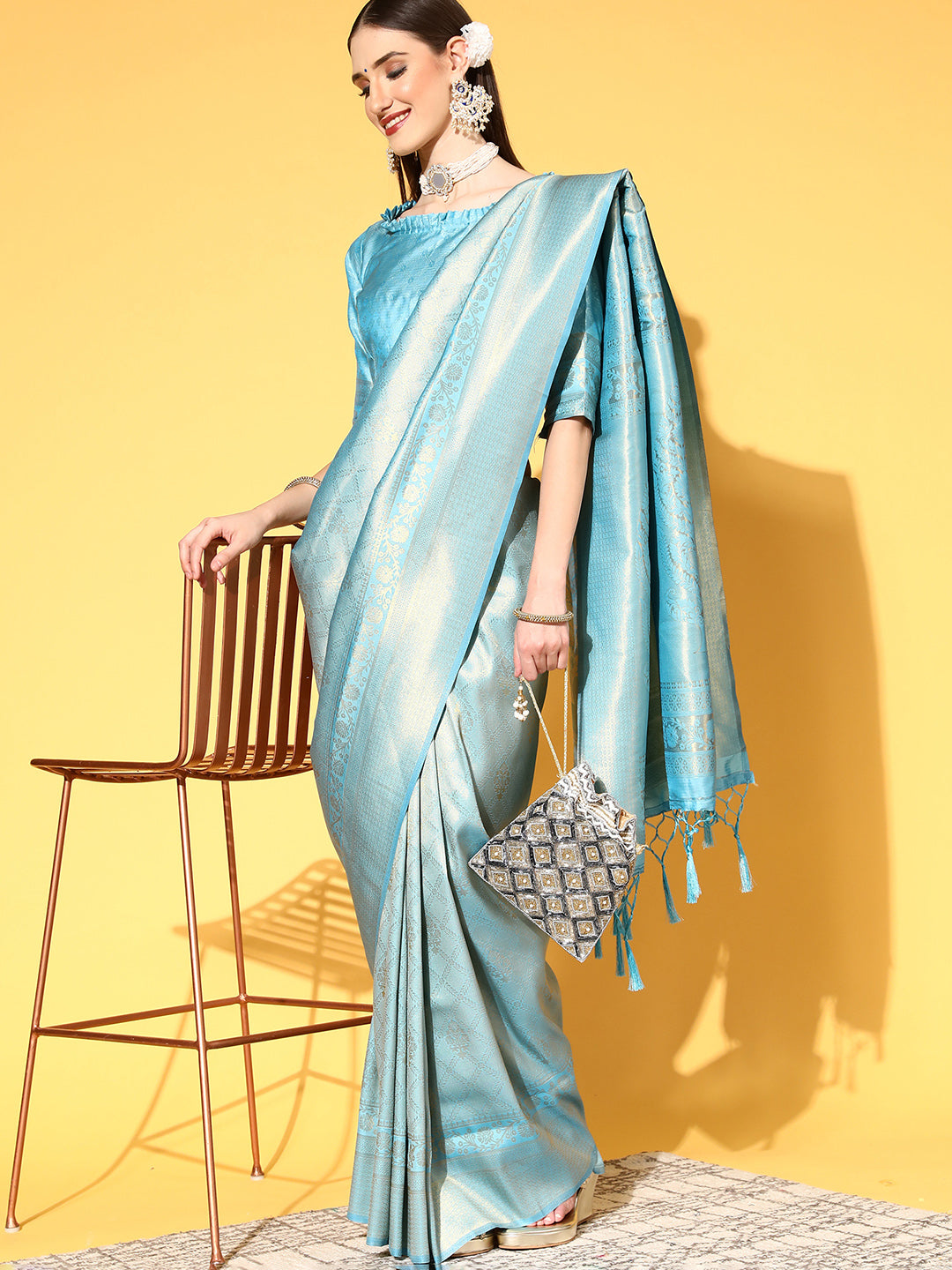 Silk Blend Turquoise Woven Design Handloom Saree With Blouse