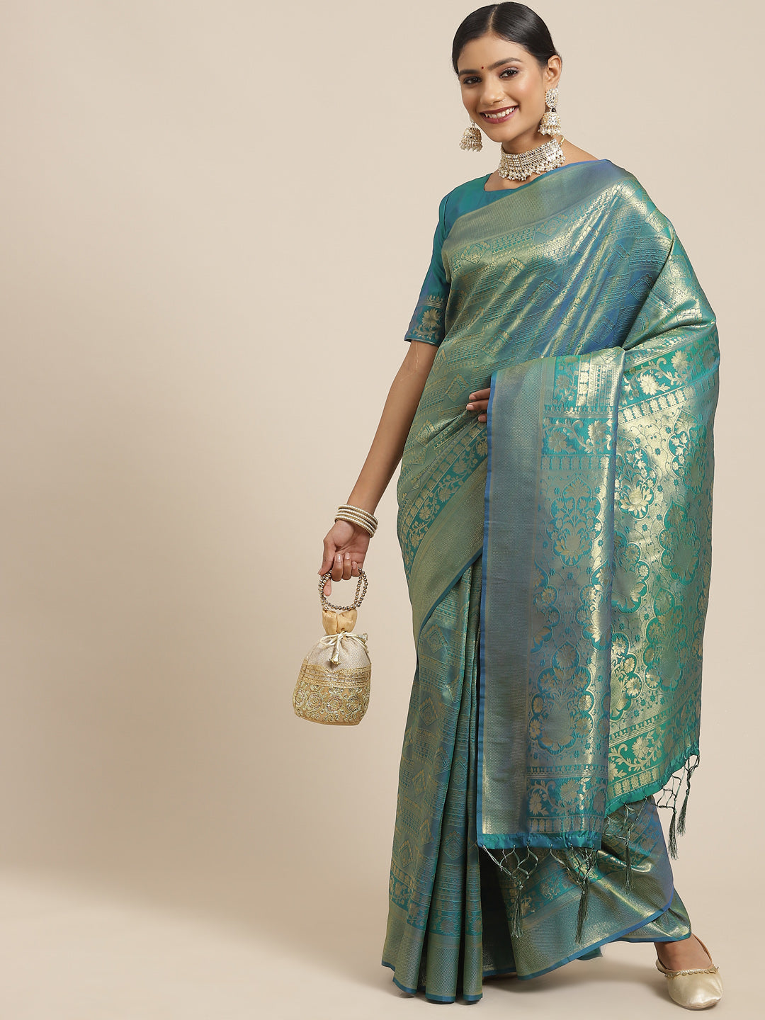 Kanjeevaram Silk Teal green Woven Design Woven saree With Blouse