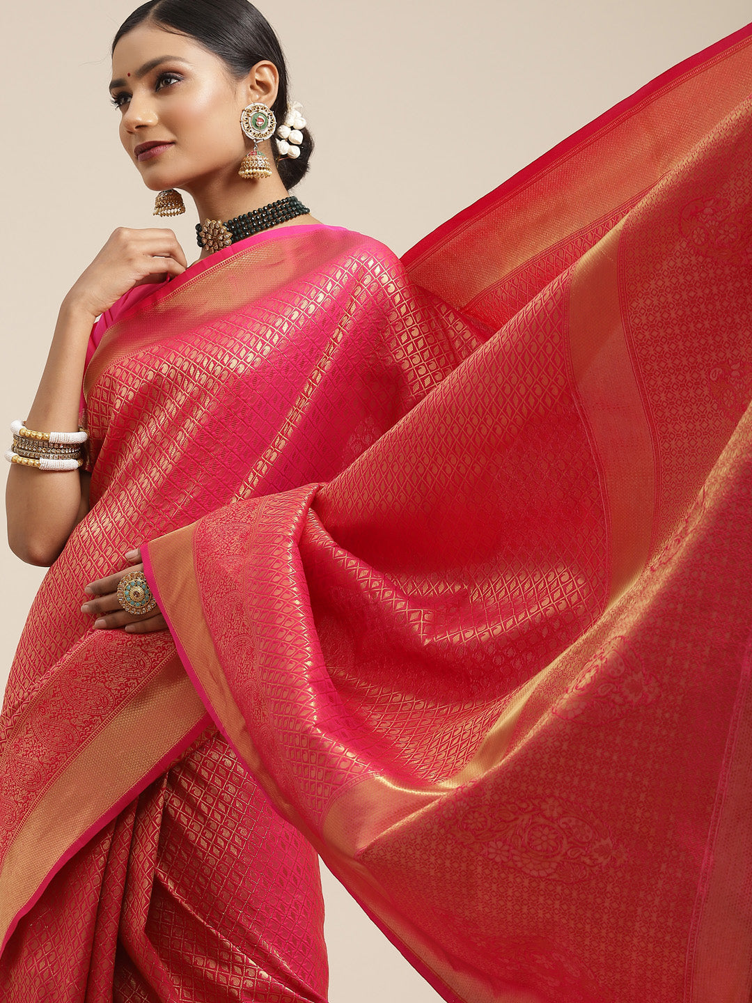 Kanjeevaram Silk Pink Woven Design Woven saree With Blouse