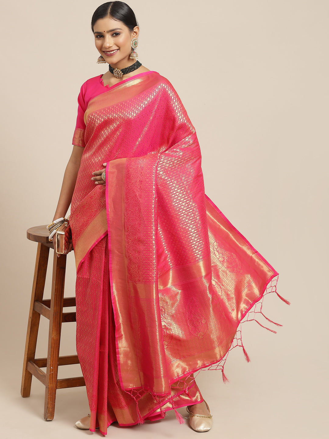 Kanjeevaram Silk Pink Woven Design Woven saree With Blouse