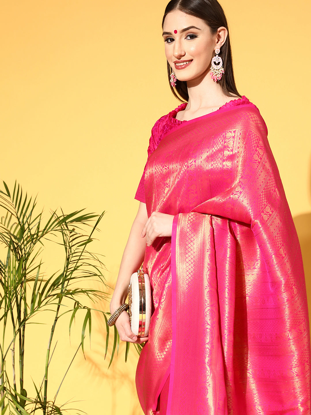 Silk Blend Pink Embroidered Woven saree With Blouse