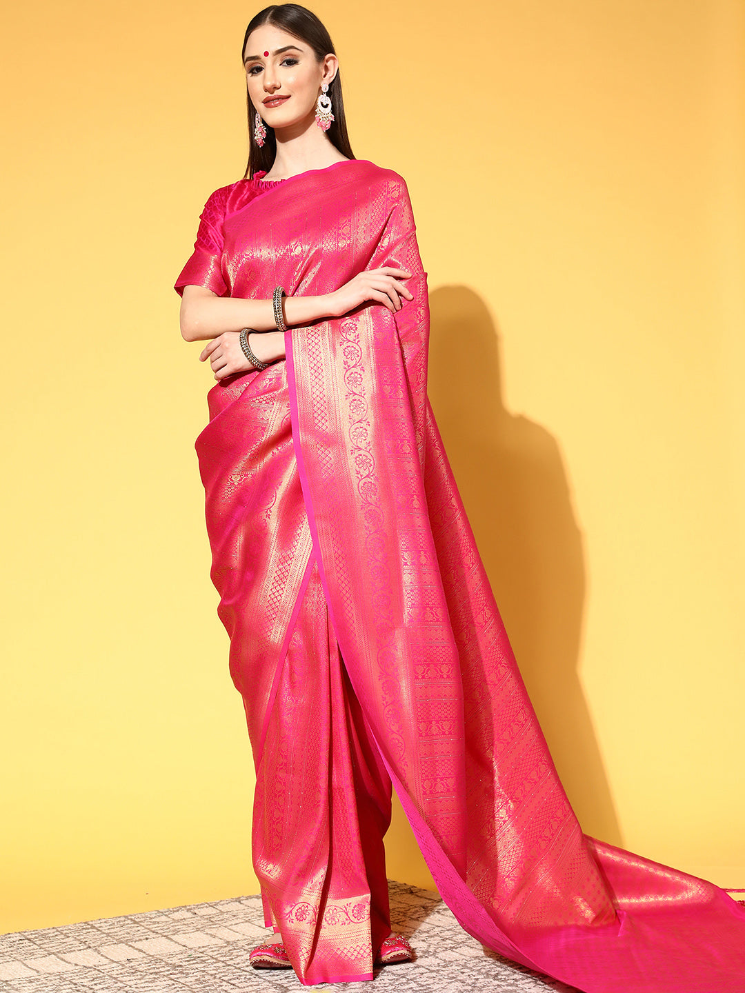 Silk Blend Pink Embroidered Woven saree With Blouse