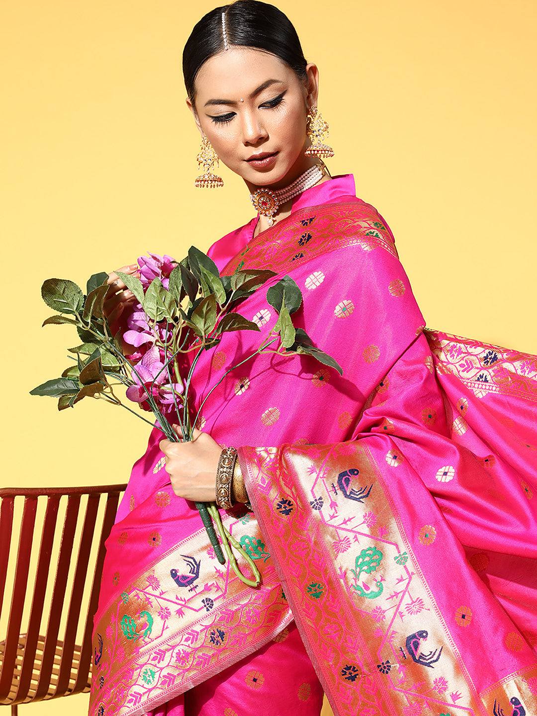 Silk Blend Pink Woven Design Celebrity Saree With Blouse