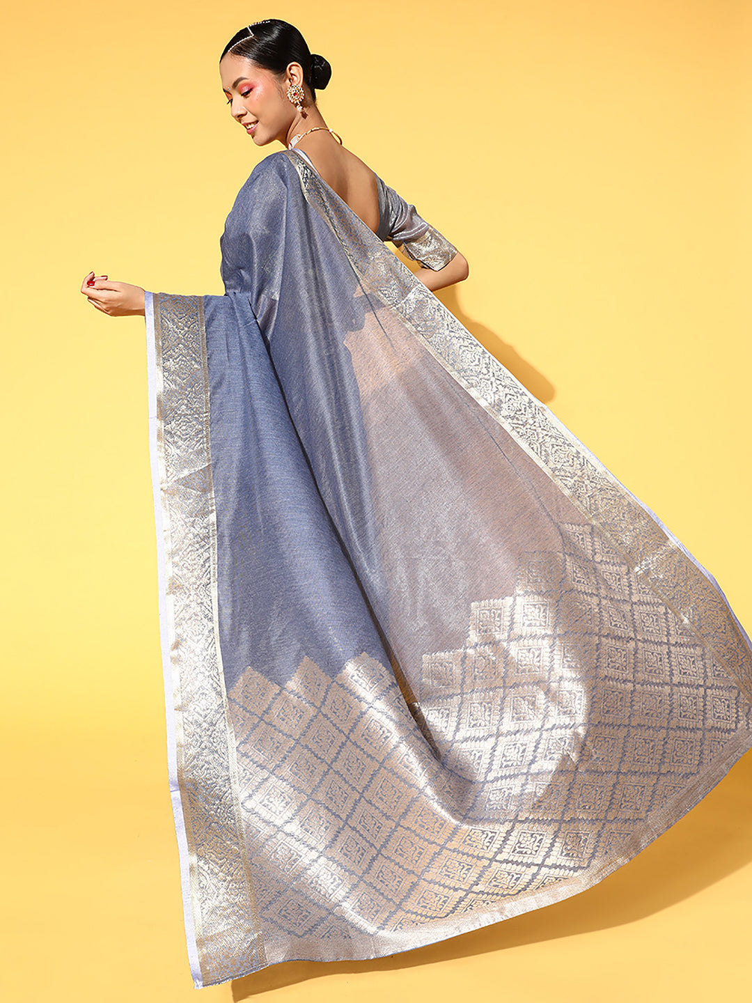 Linen Blend Blue Woven Design Celebrity Saree With Blouse