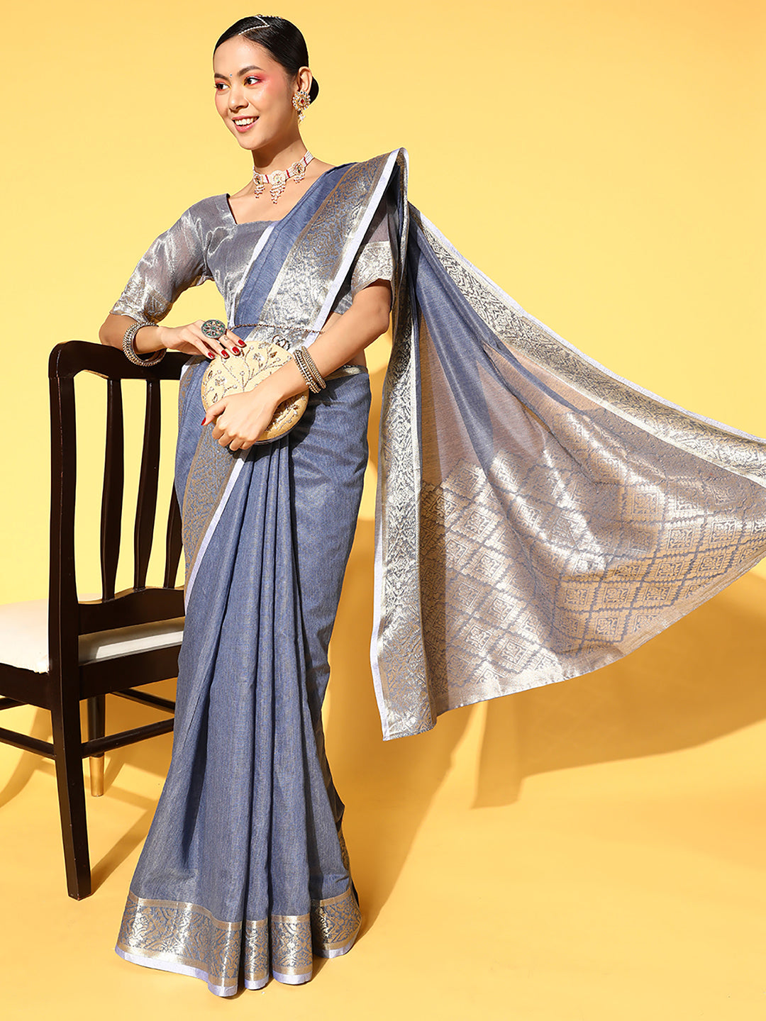 Linen Blend Blue Woven Design Celebrity Saree With Blouse