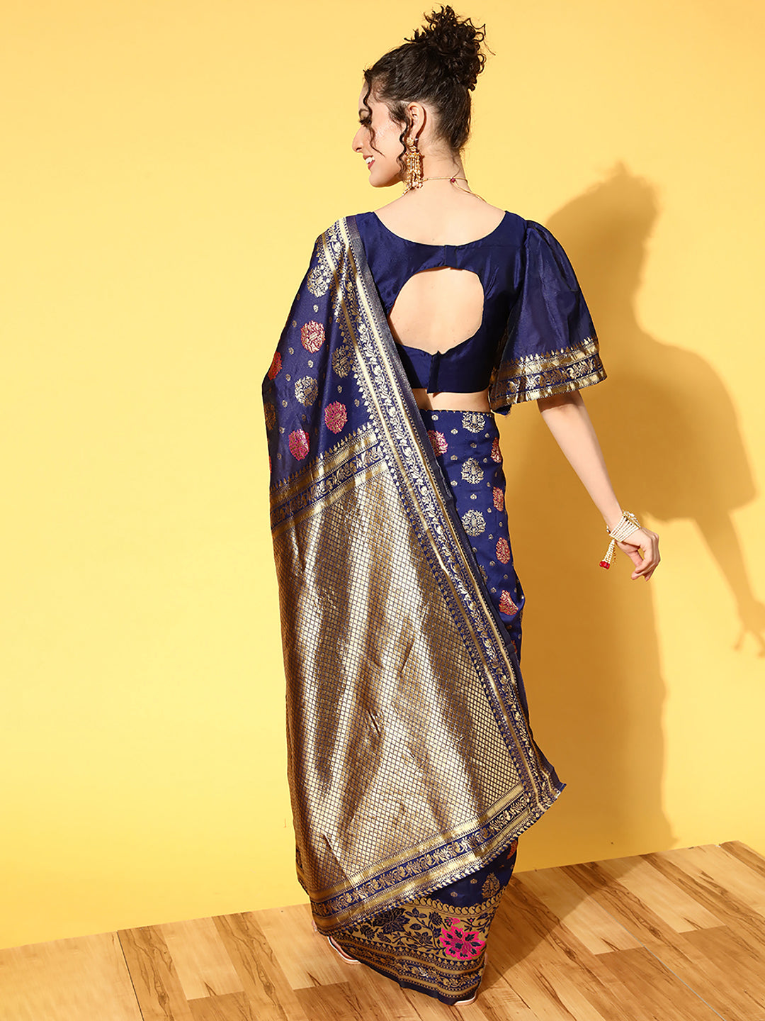 Silk Blend Navy Blue Woven Design Celebrity Saree With Blouse