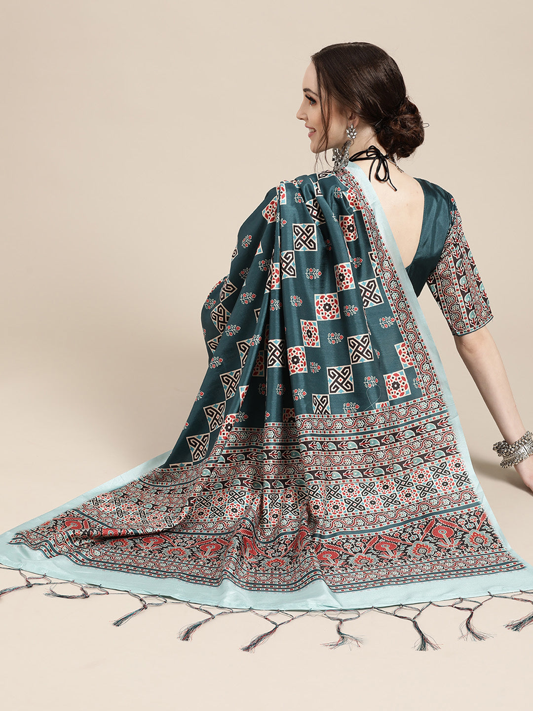 Satin Silk Teal blue Printed Designer Saree With Blouse