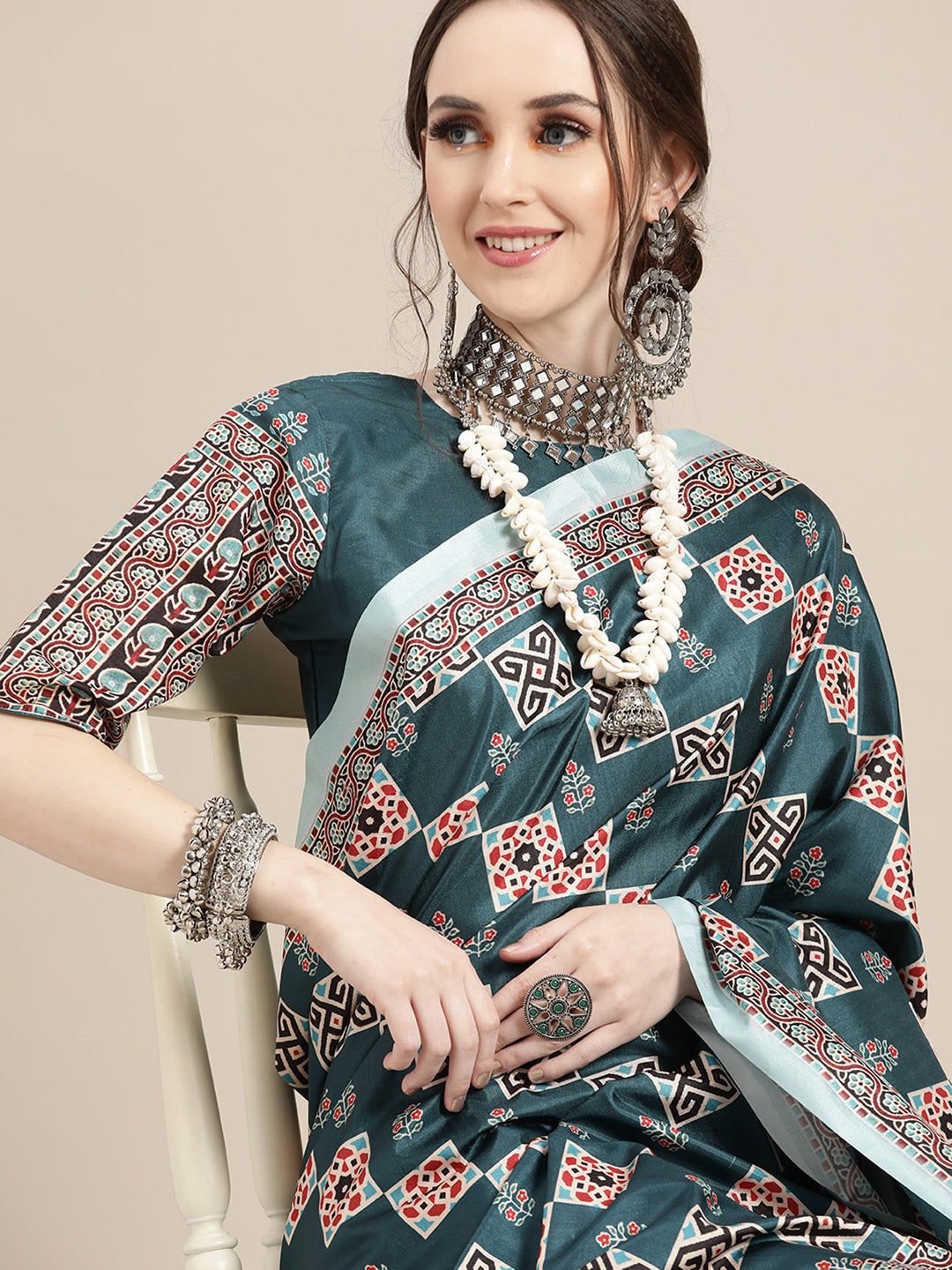 Satin Silk Teal blue Printed Designer Saree With Blouse