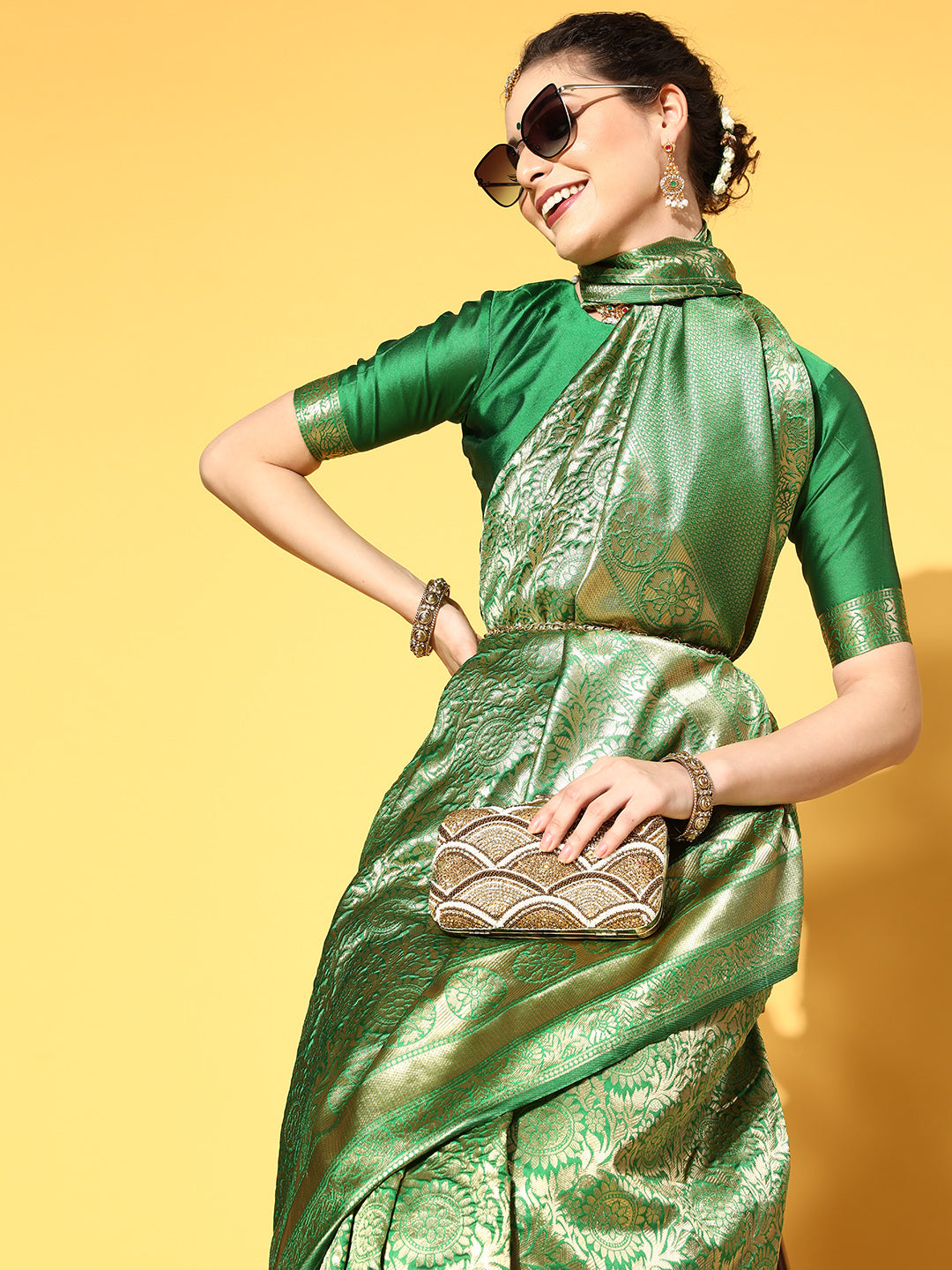 Silk Blend Green Woven Design Celebrity Saree With Blouse