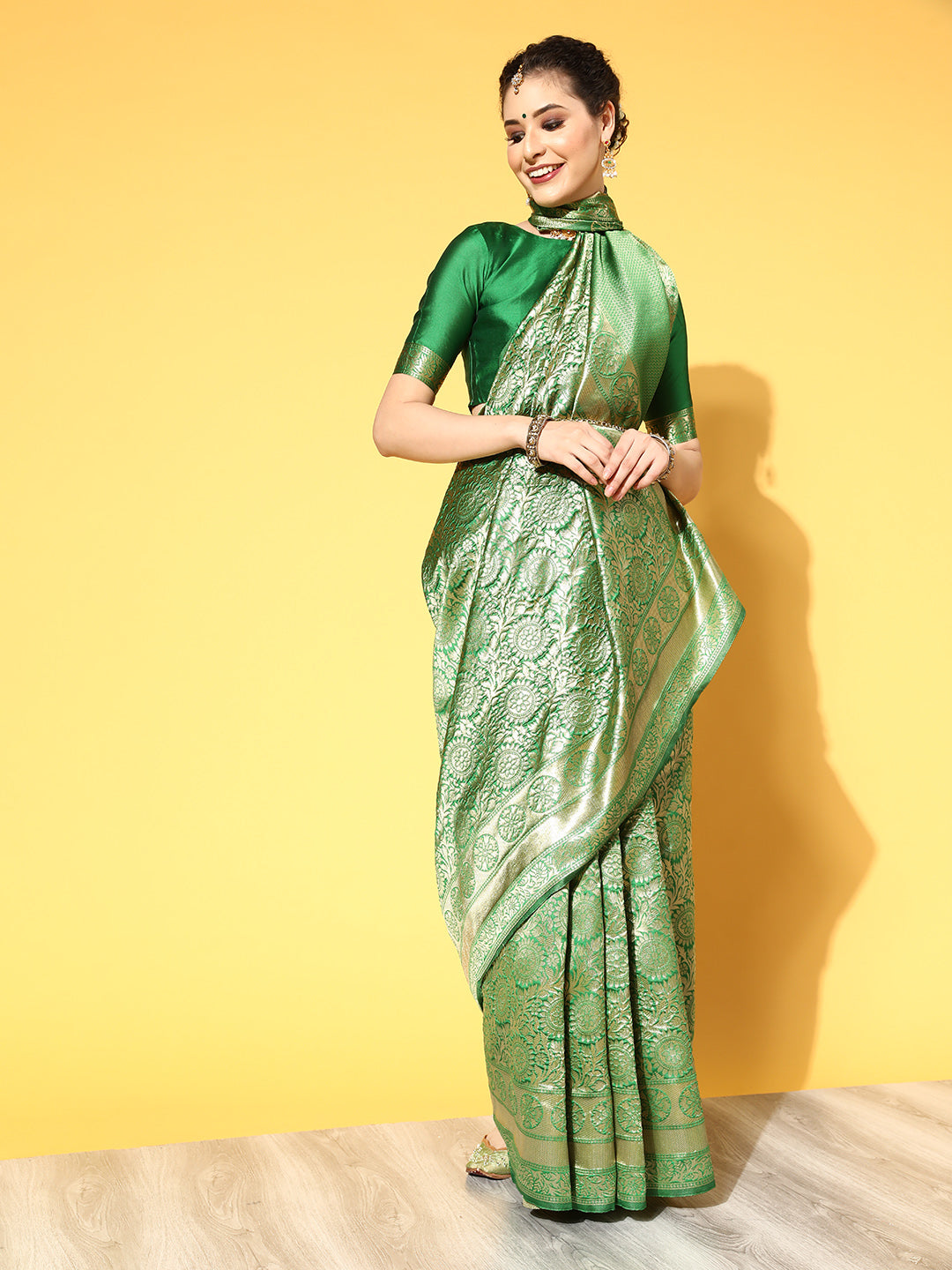 Silk Blend Green Woven Design Celebrity Saree With Blouse