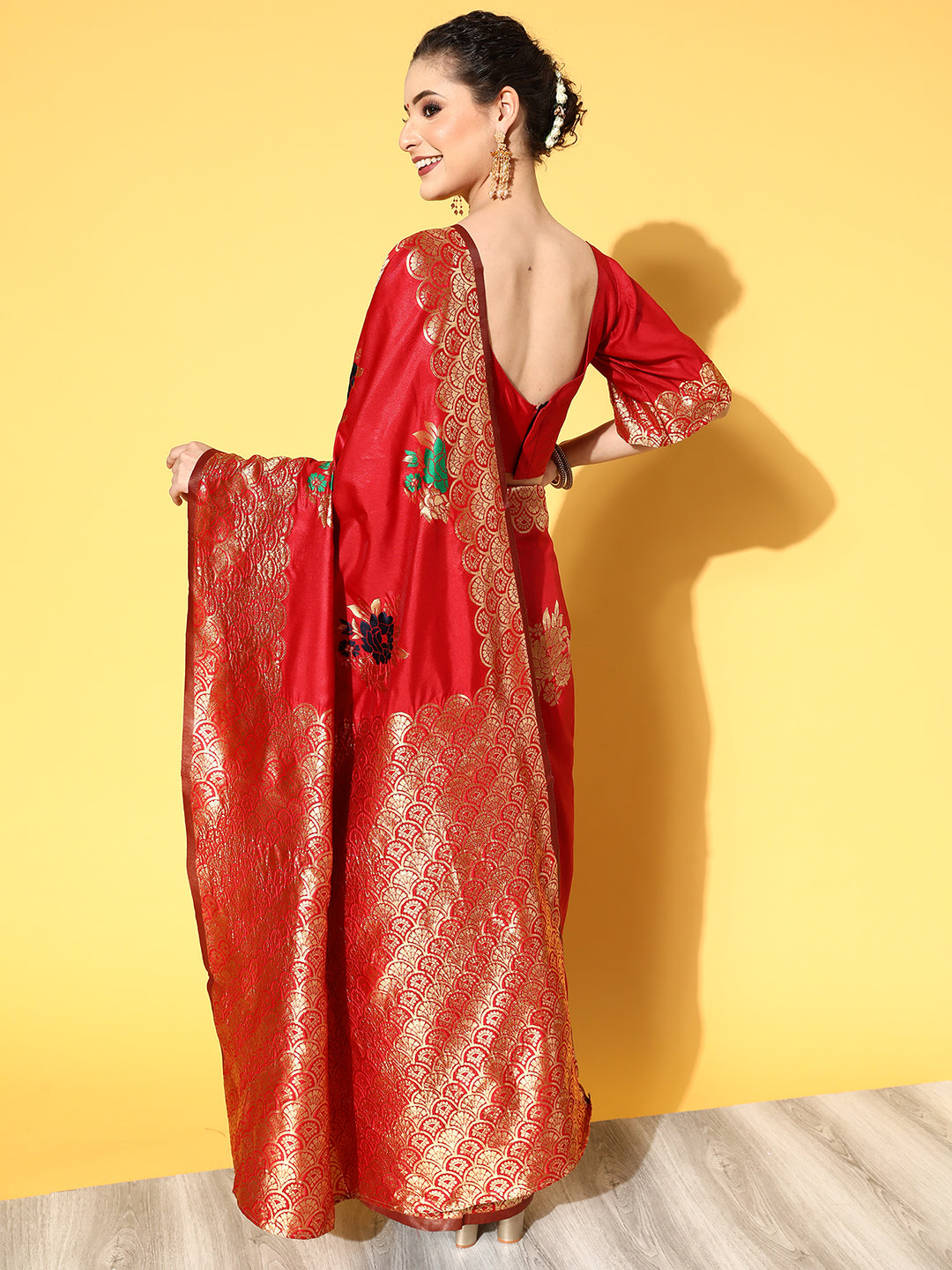 Silk Blend Red Woven Design Celebrity Saree With Blouse