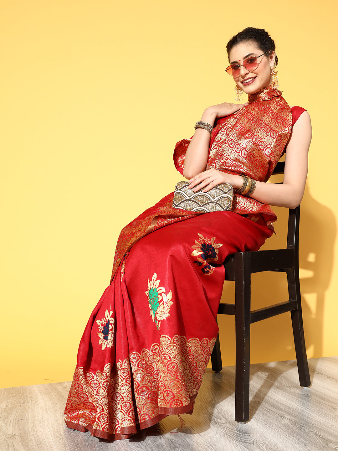 Silk Blend Red Woven Design Celebrity Saree With Blouse