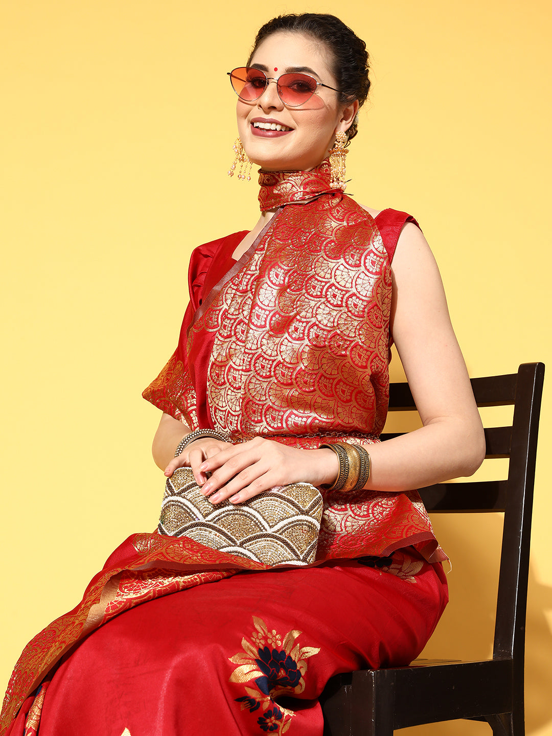 Silk Blend Red Woven Design Celebrity Saree With Blouse