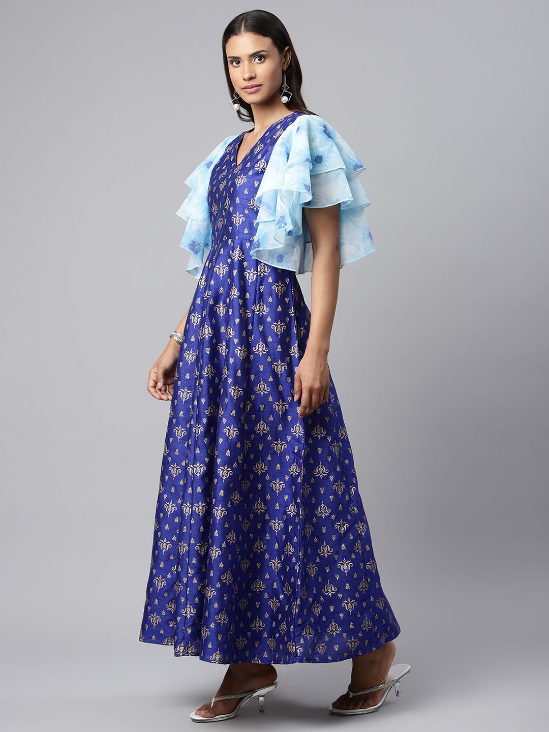 Royal Blue Poly Silk Gold Paste Printed Dress