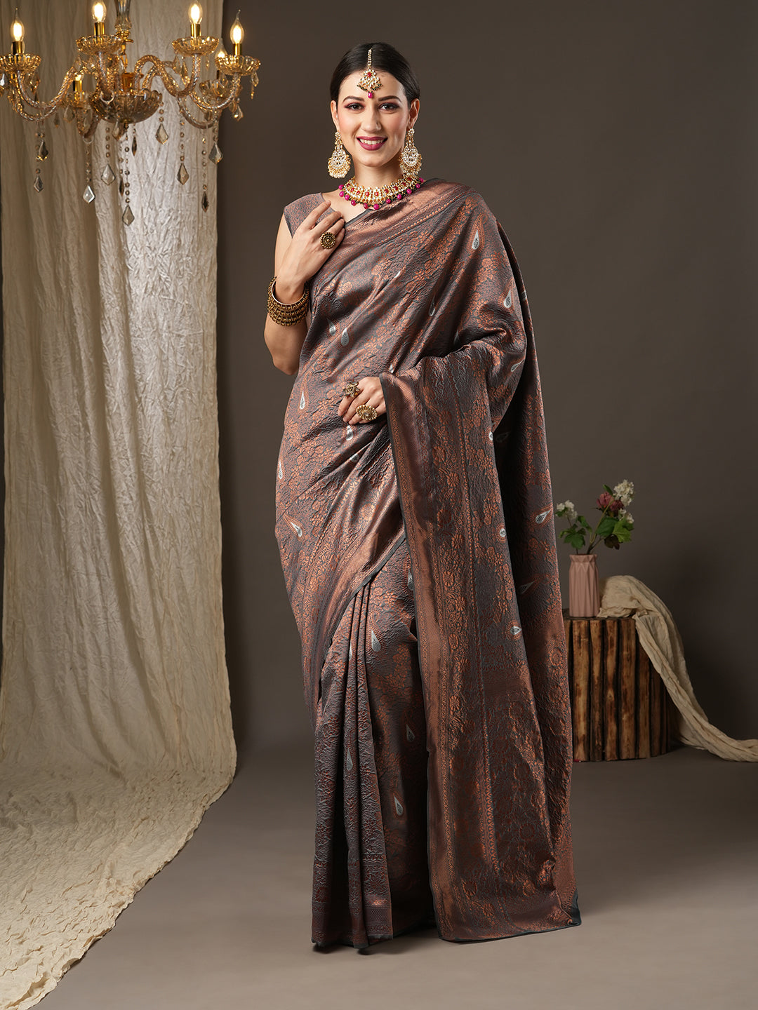 Silk Blend Grey Woven Design Designer Saree With Blouse