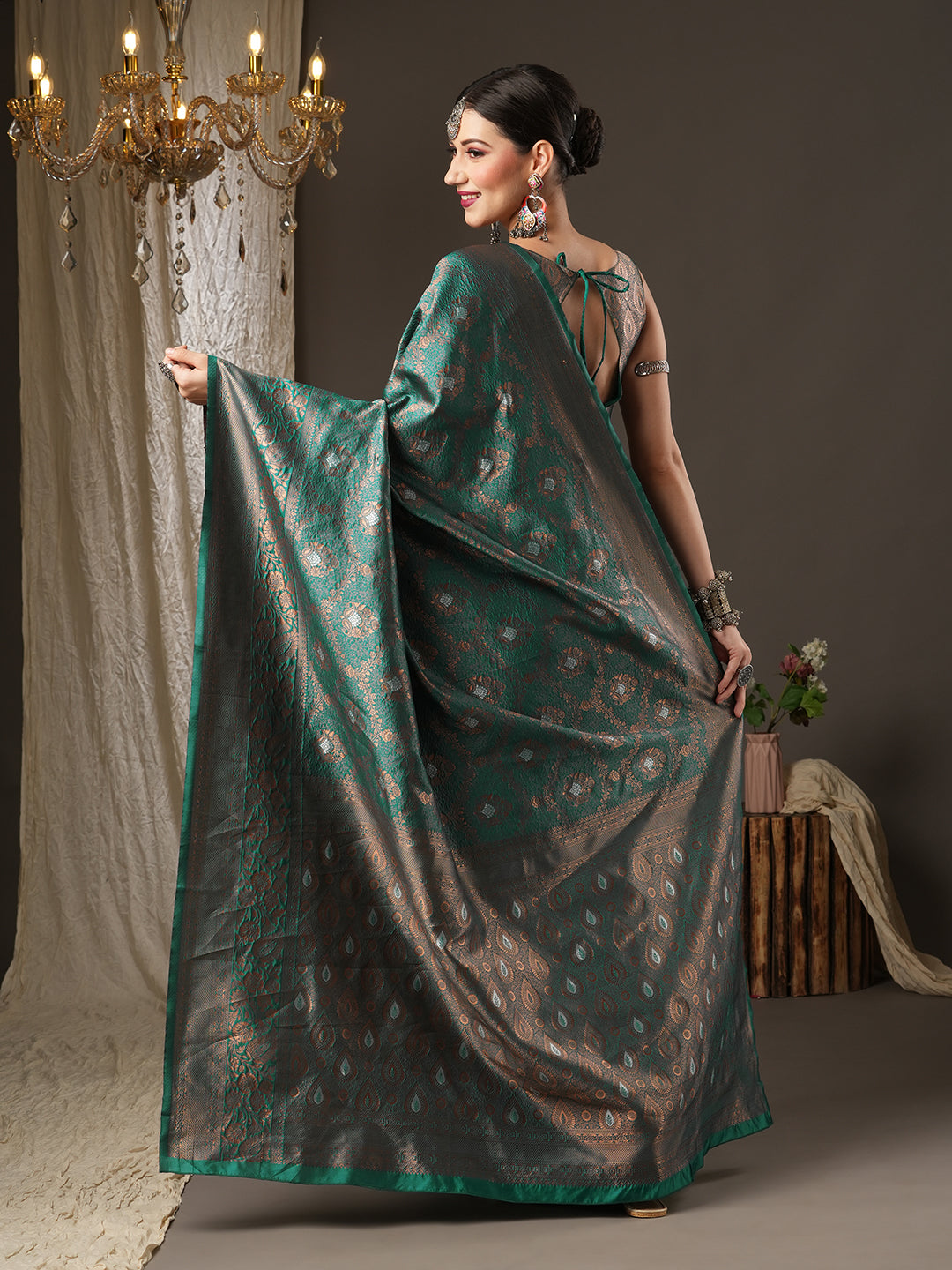 Silk Blend Teal blue Woven Design Designer Saree With Blouse