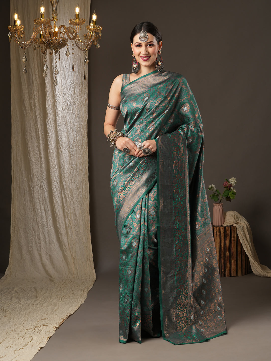 Silk Blend Teal blue Woven Design Designer Saree With Blouse