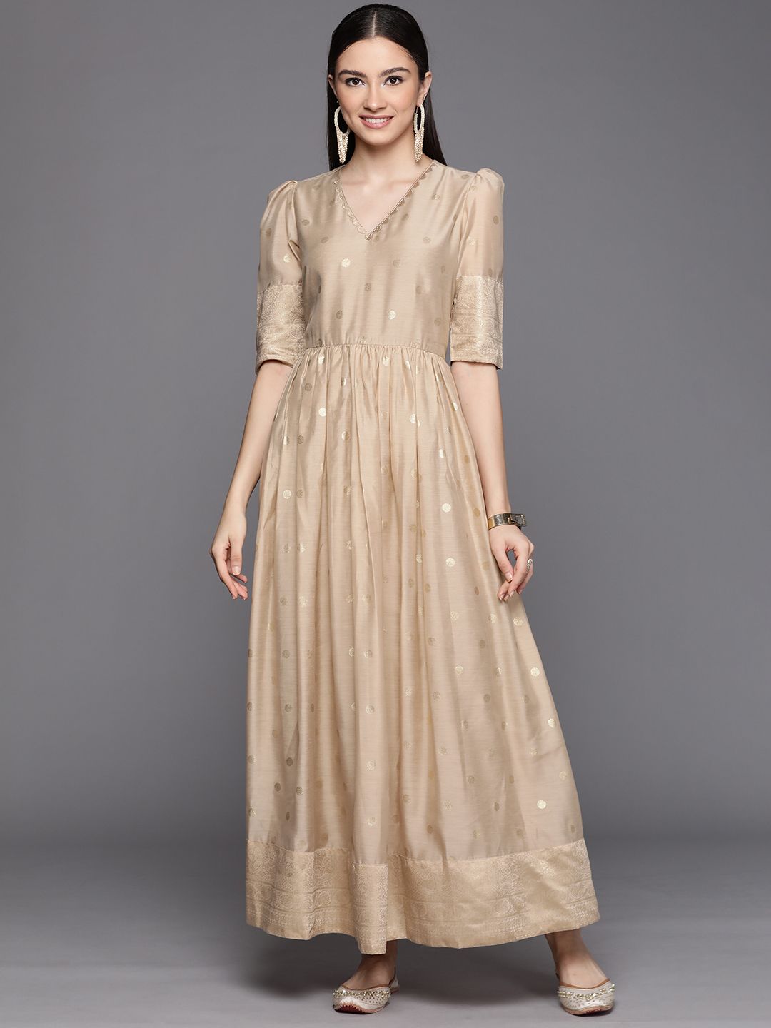 Beige Chanderi Gold Foil Print Dress-AH
