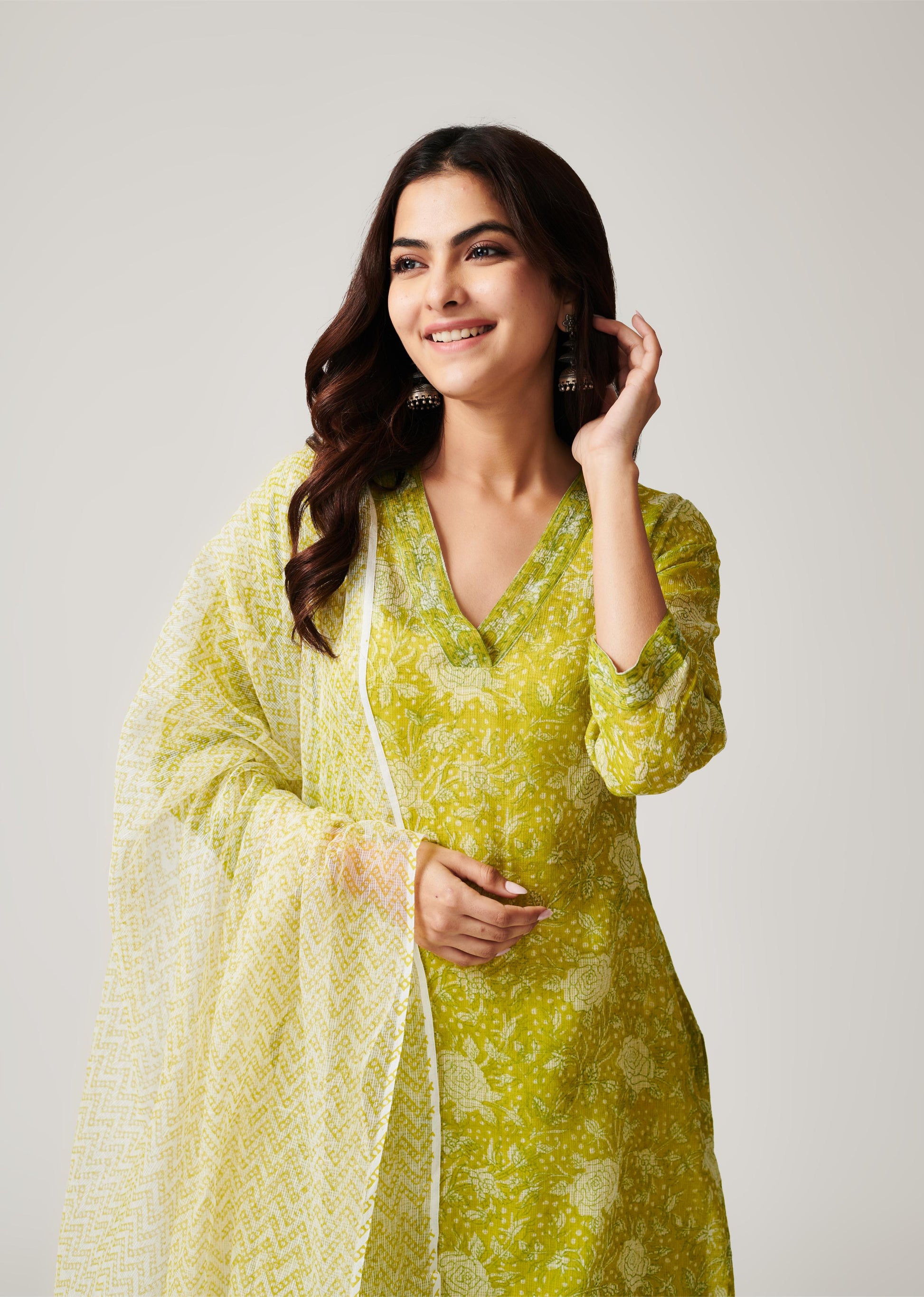 Kamal Lime Green Kota Doria Set of 3-FL