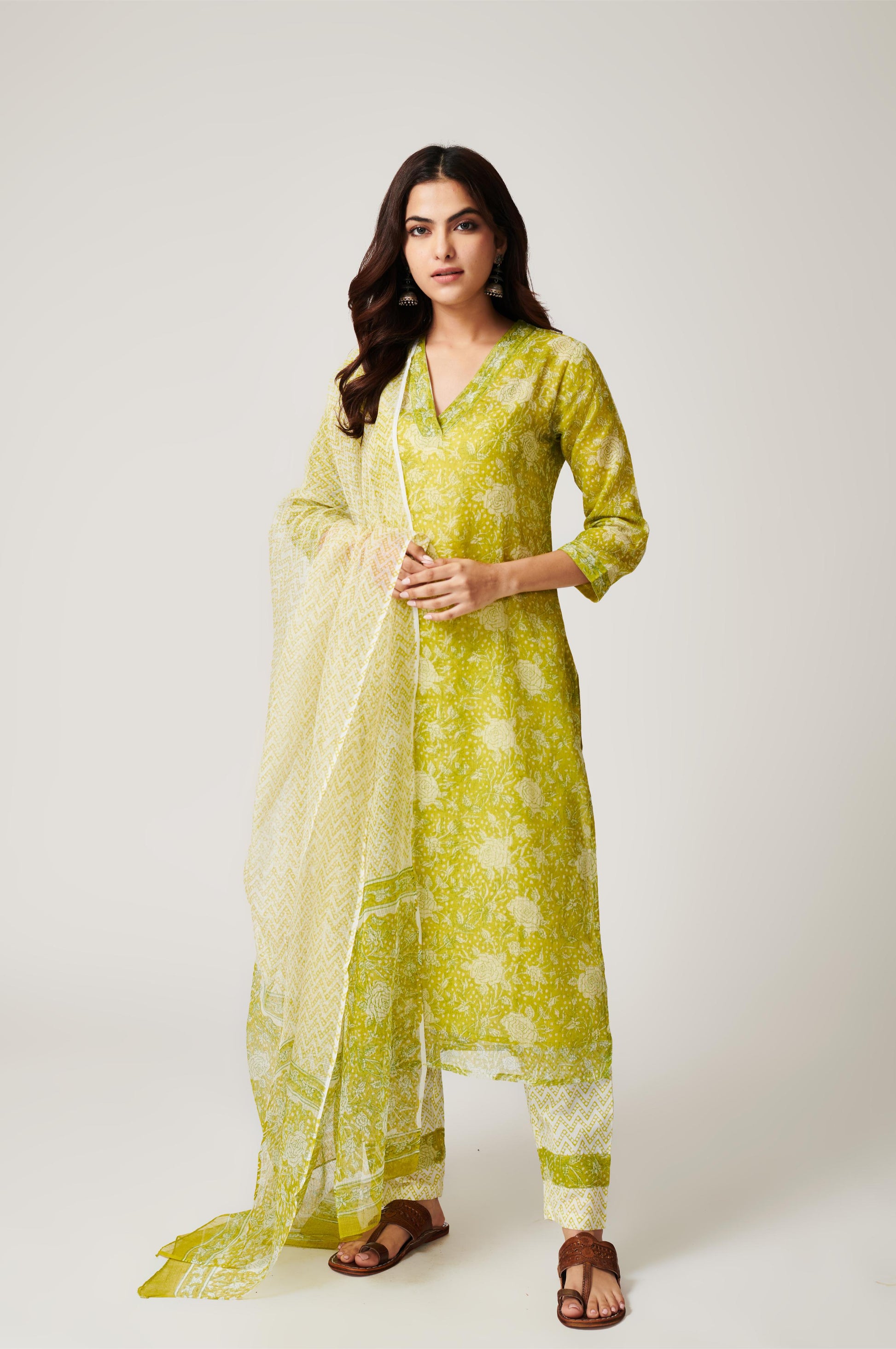 Kamal Lime Green Kota Doria Set of 3-FL