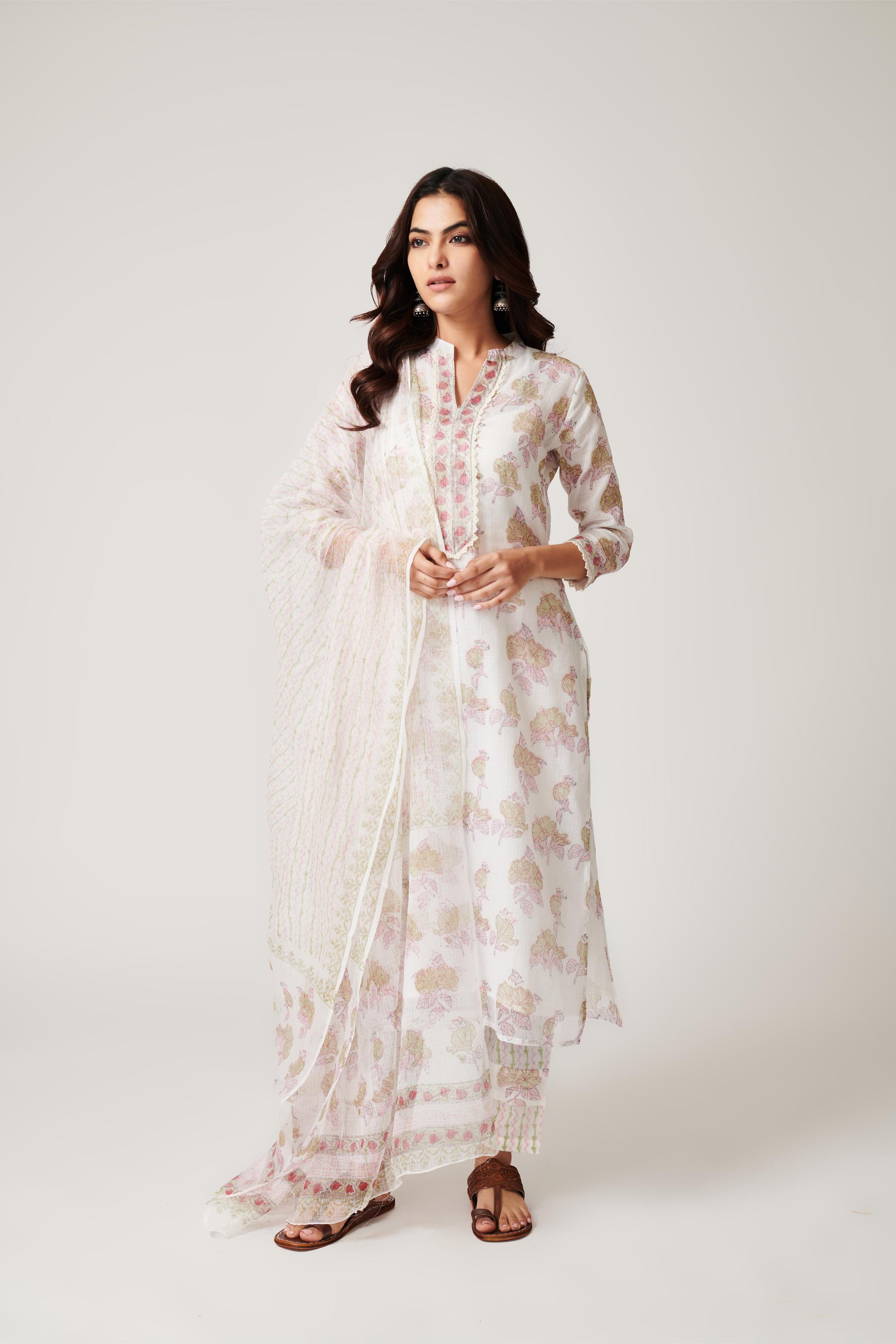 Kamal White Kota Doria Suit (set of 3)-FL