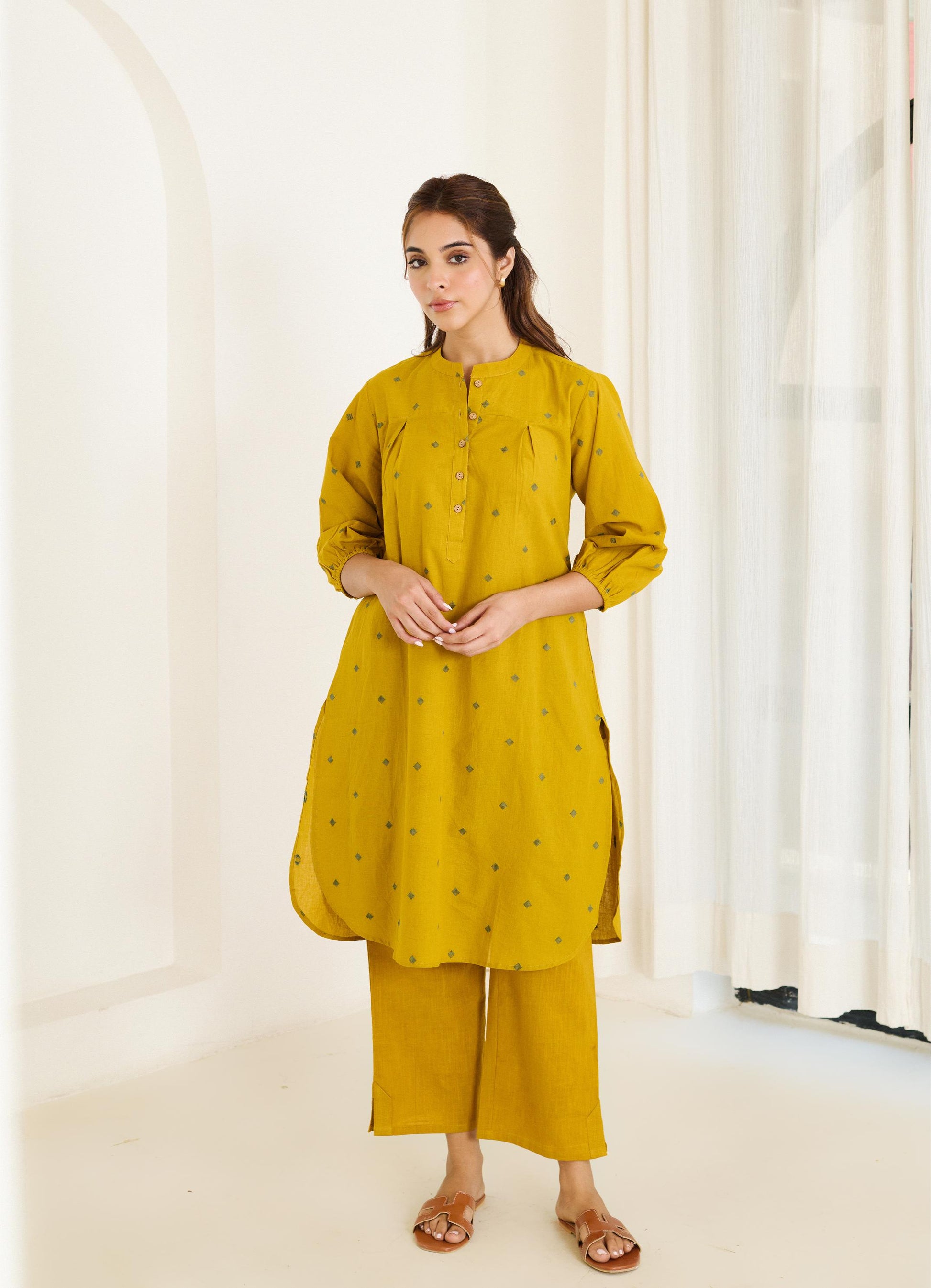 Saadgi Mustard Kurta Set with Solid Pant - Set of 2-FL