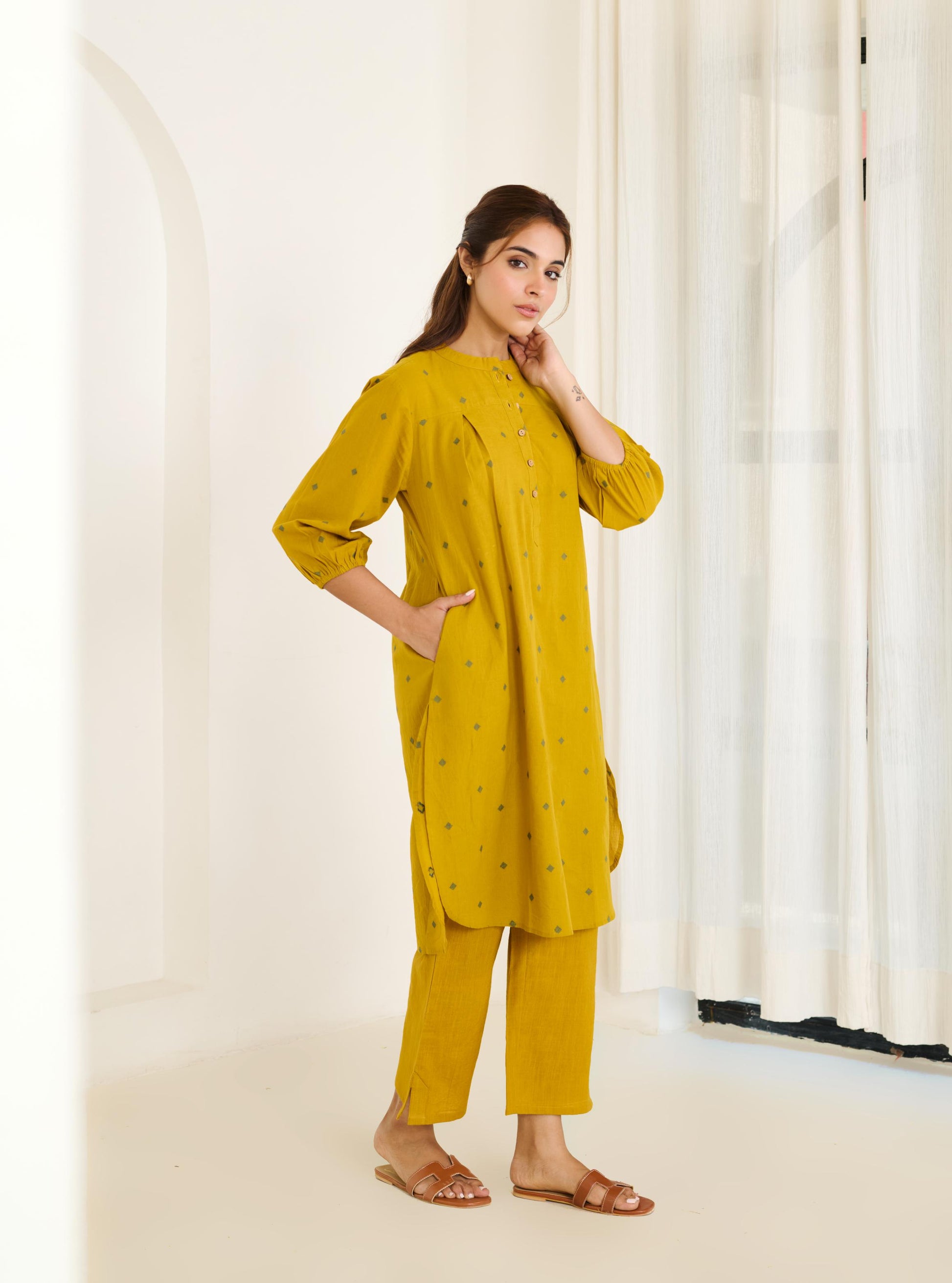 Saadgi Mustard Kurta Set with Solid Pant - Set of 2-FL
