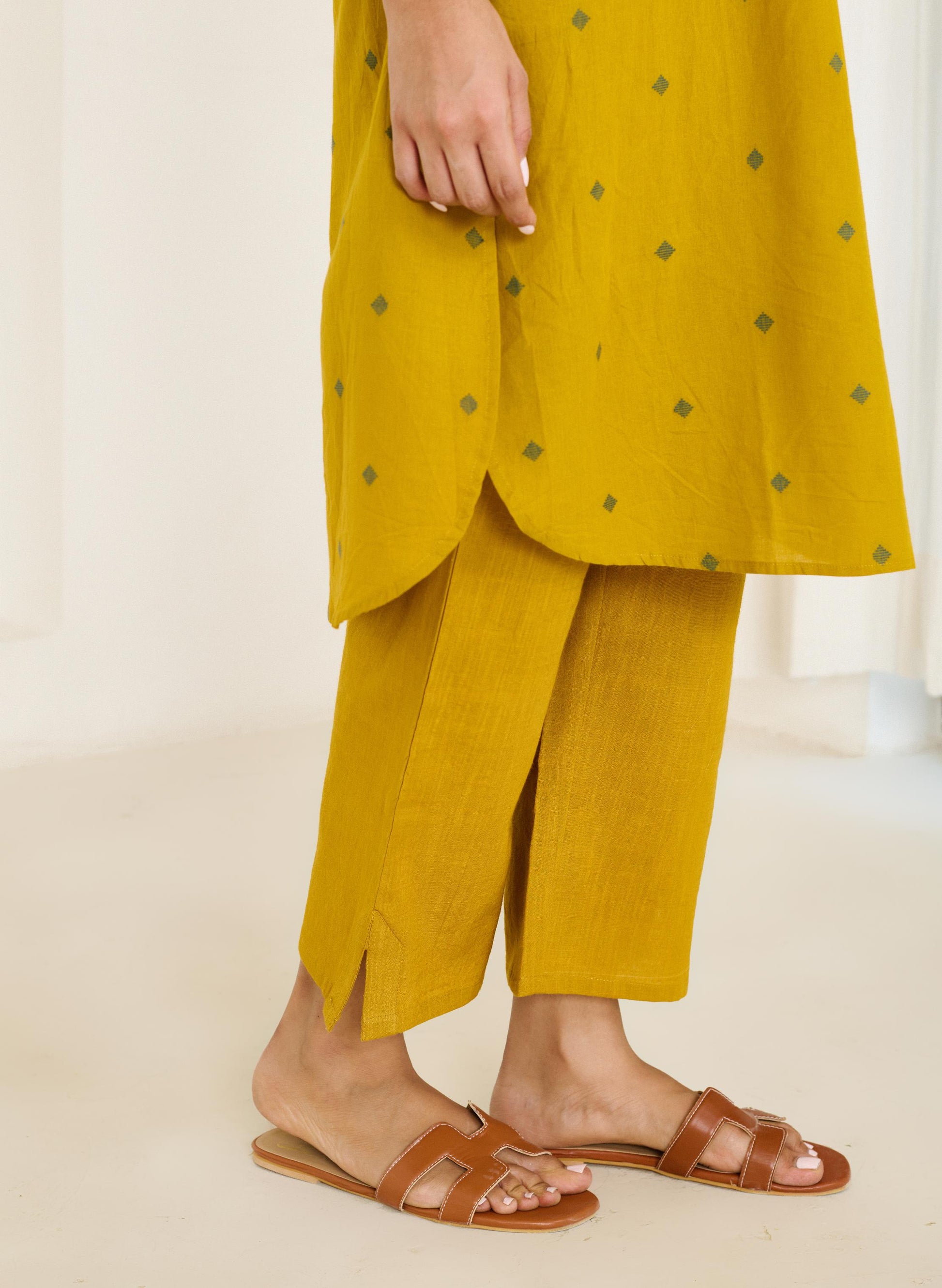 Saadgi Mustard Kurta Set with Solid Pant - Set of 2-FL