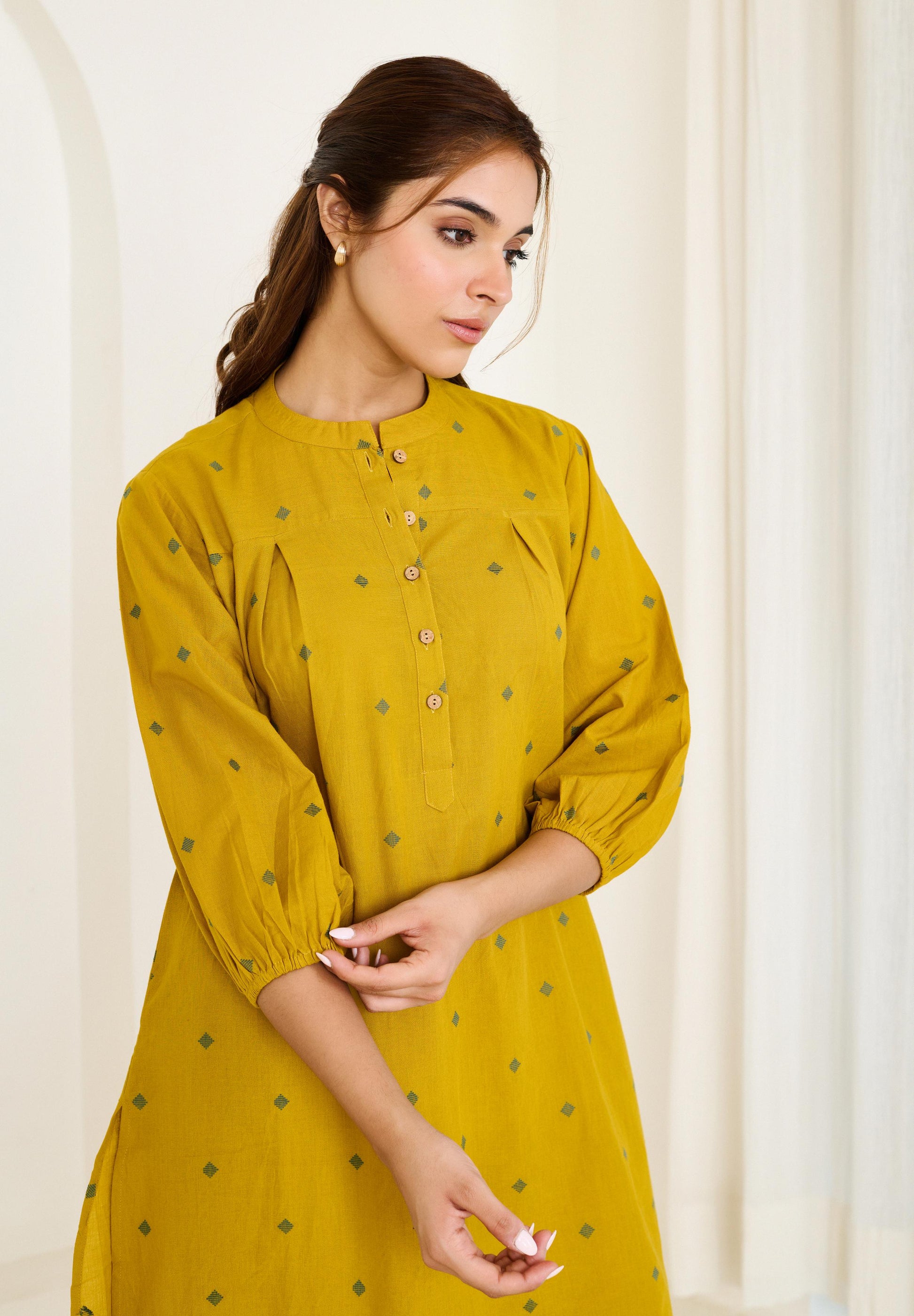Saadgi Mustard Kurta Set with Solid Pant - Set of 2-FL