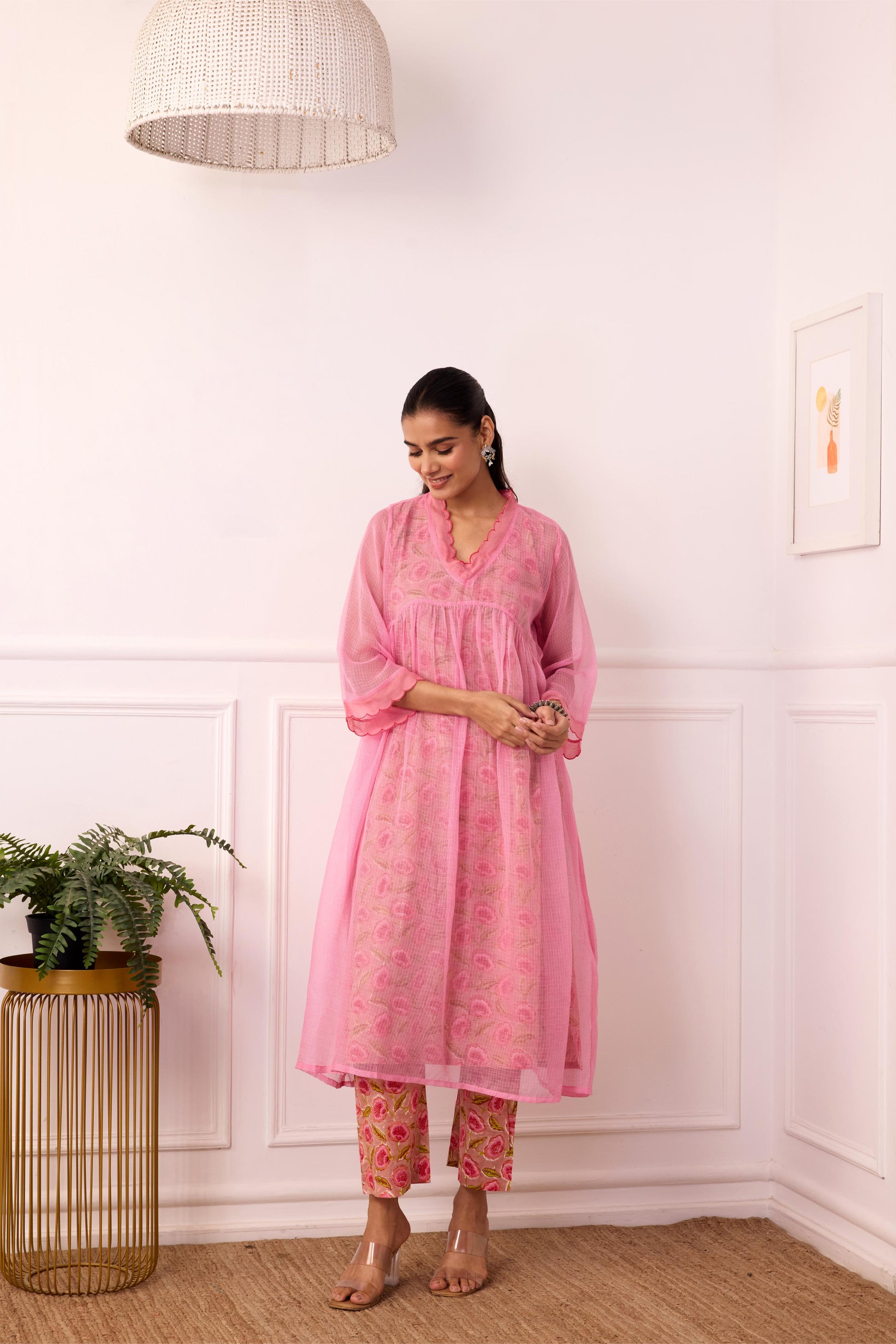 Sukoon Pink Handblock Printed Kota Doria set with slip ( Set of 3)-FL