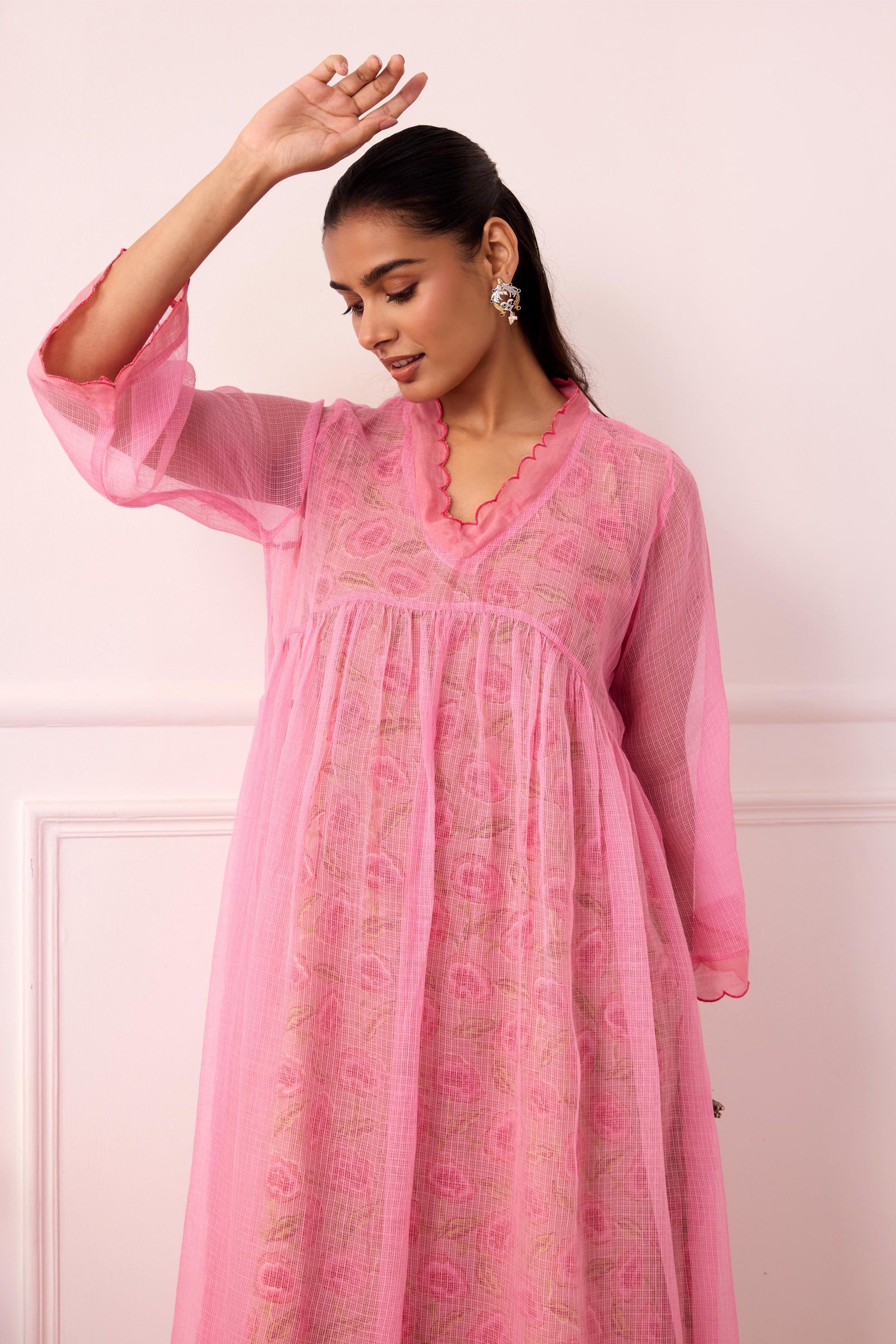 Sukoon Pink Handblock Printed Kota Doria set with slip ( Set of 3)-FL