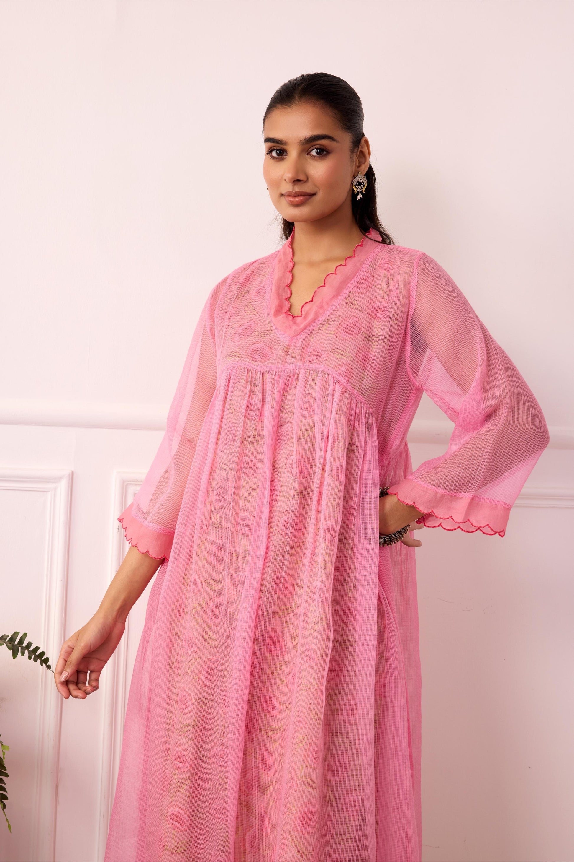 Sukoon Pink Handblock Printed Kota Doria set with slip ( Set of 3)-FL