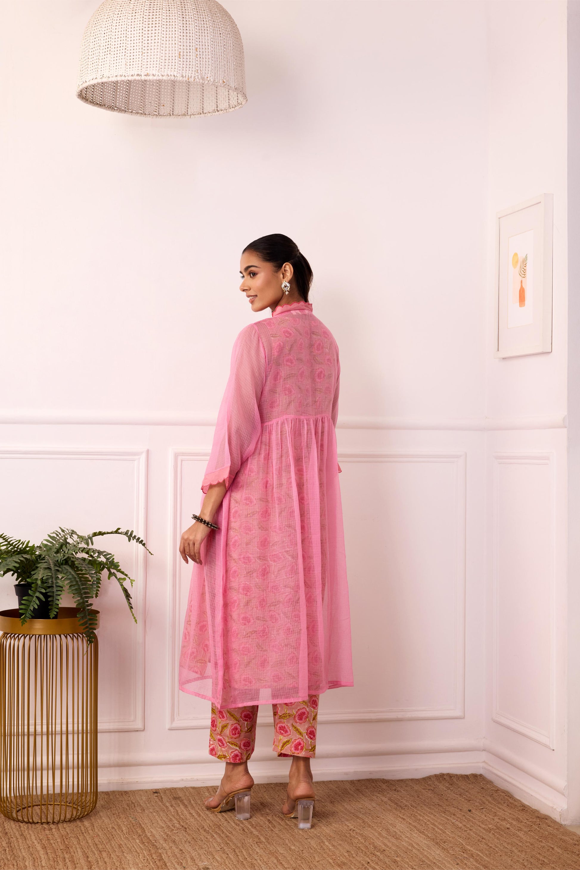 Sukoon Pink Handblock Printed Kota Doria set with slip ( Set of 3)-FL
