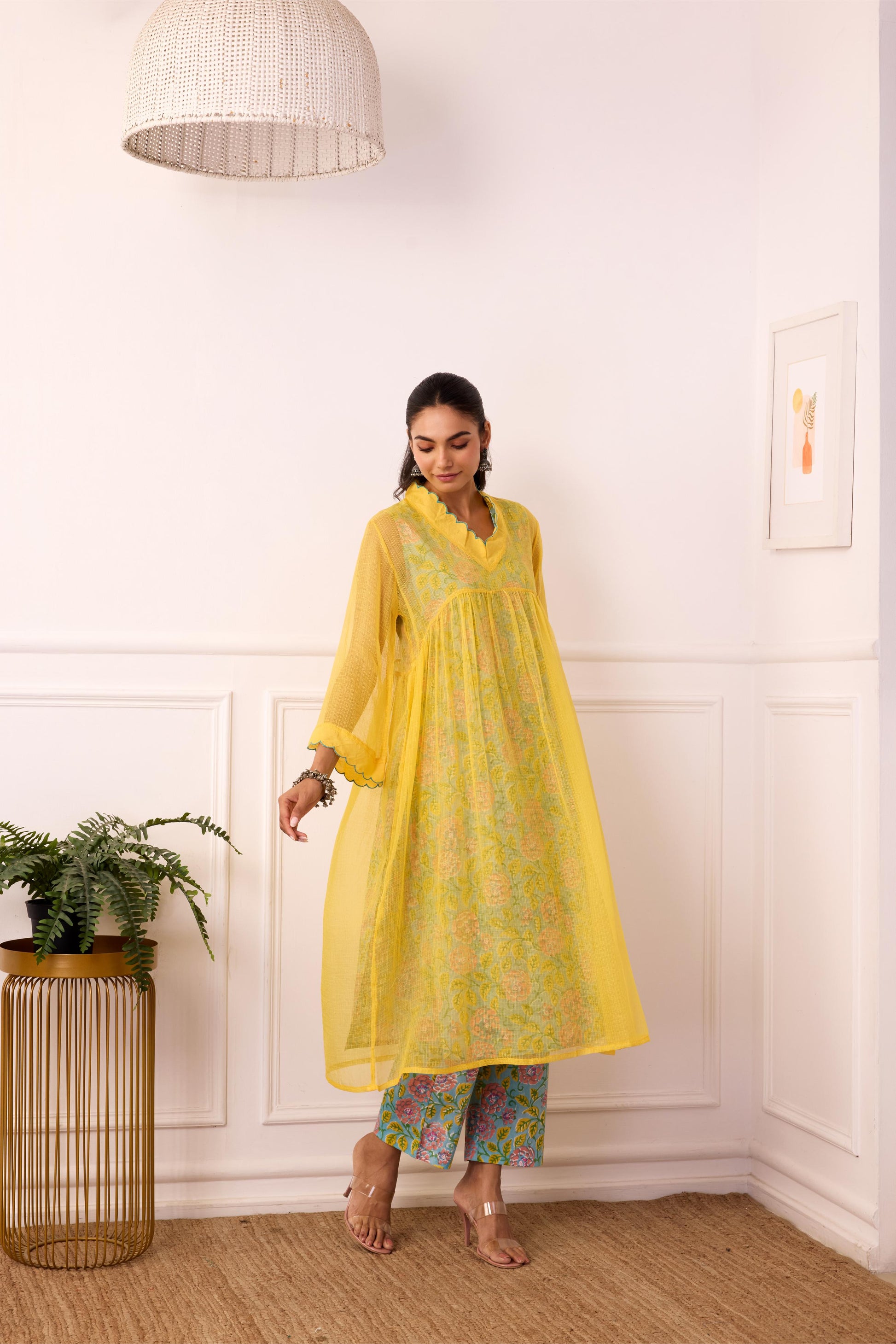 Sukoon Yellow Handblock Printed Kota Doria set with slip ( Set of 3)-FL