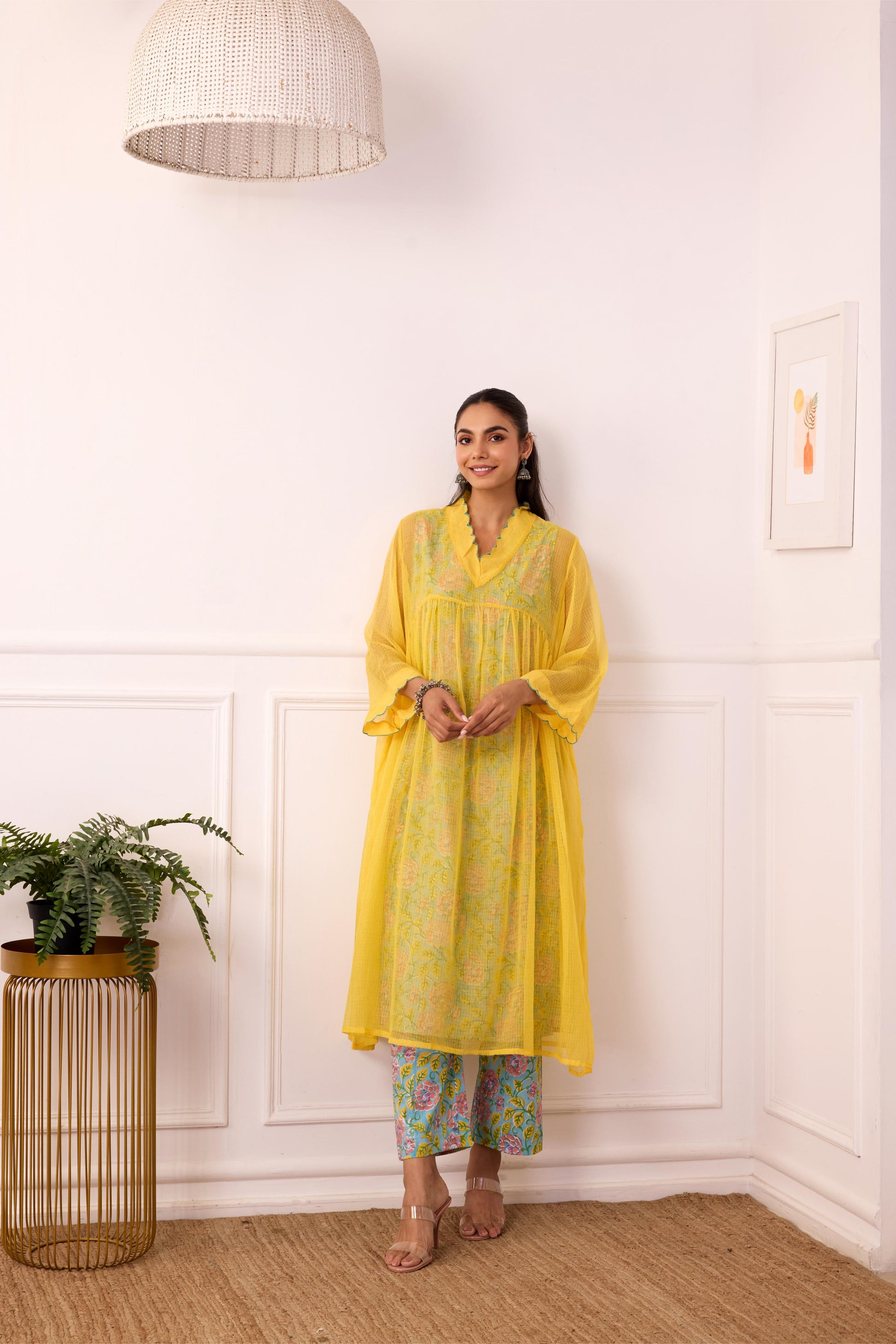 Sukoon Yellow Handblock Printed Kota Doria set with slip ( Set of 3)-FL