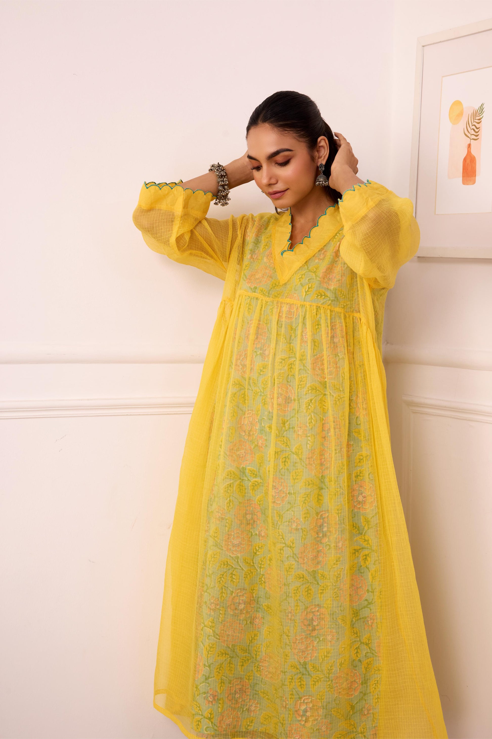 Sukoon Yellow Handblock Printed Kota Doria set with slip ( Set of 3)-FL
