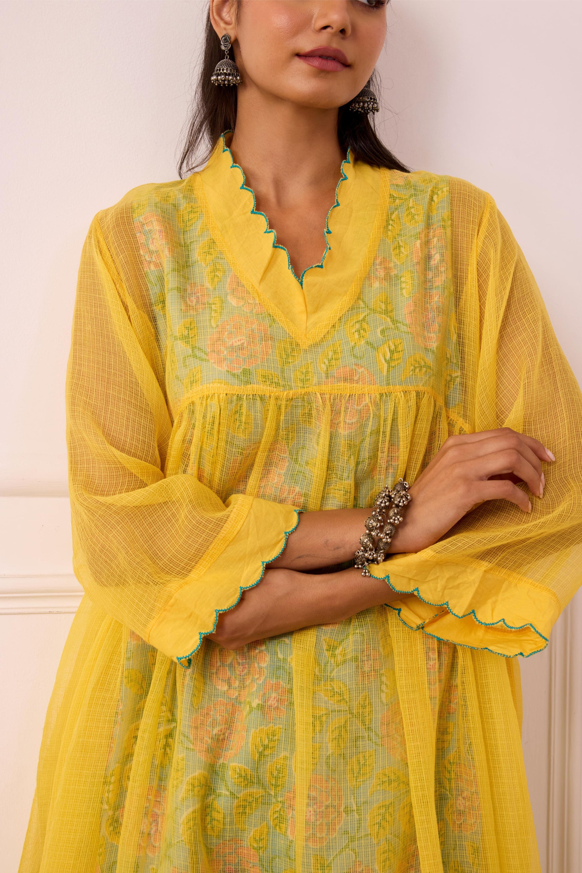 Sukoon Yellow Handblock Printed Kota Doria set with slip ( Set of 3)-FL