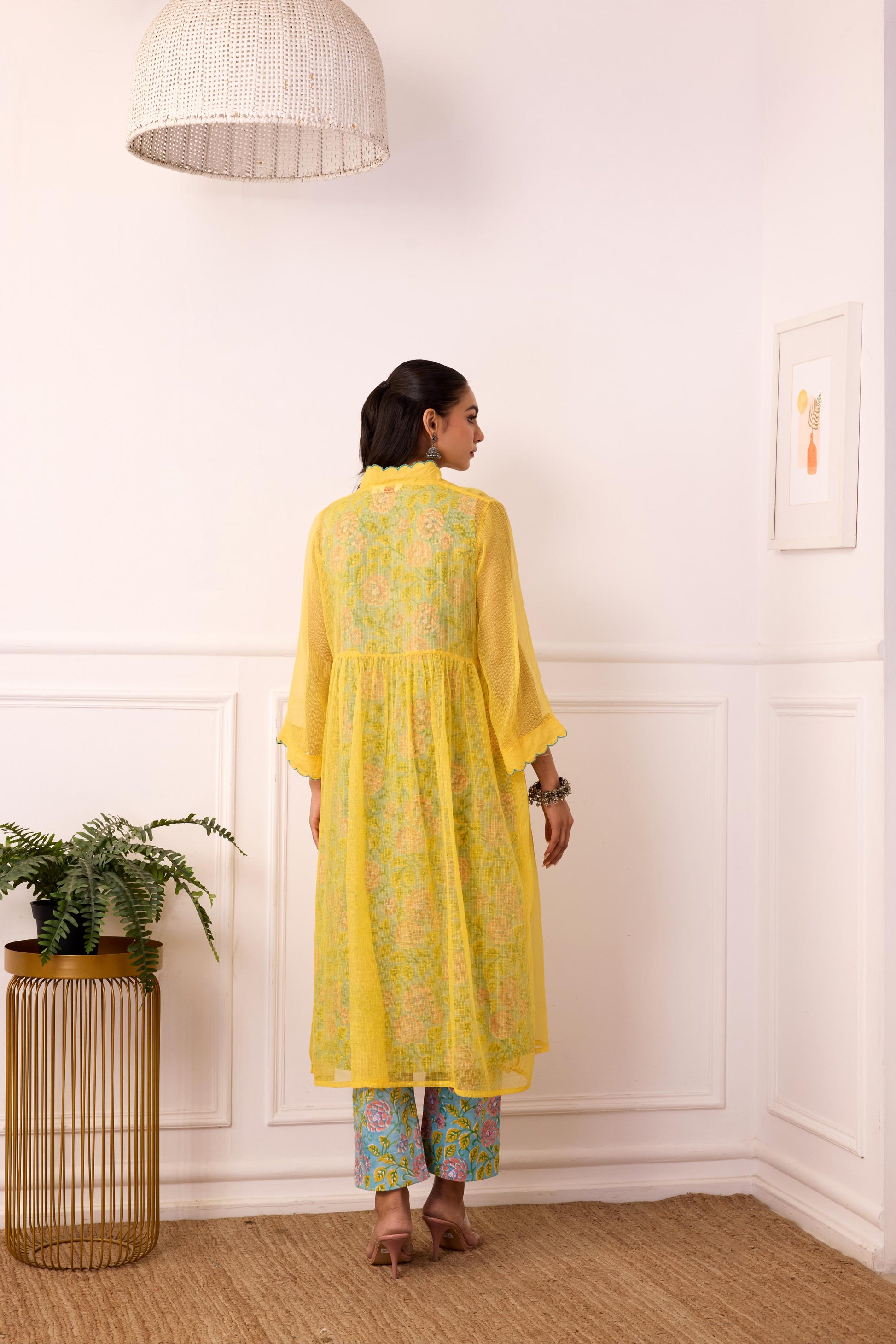 Sukoon Yellow Handblock Printed Kota Doria set with slip ( Set of 3)-FL