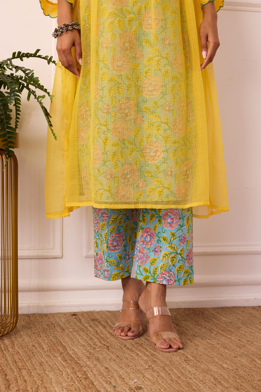 Sukoon Yellow Handblock Printed Kota Doria set with slip ( Set of 3)-FL