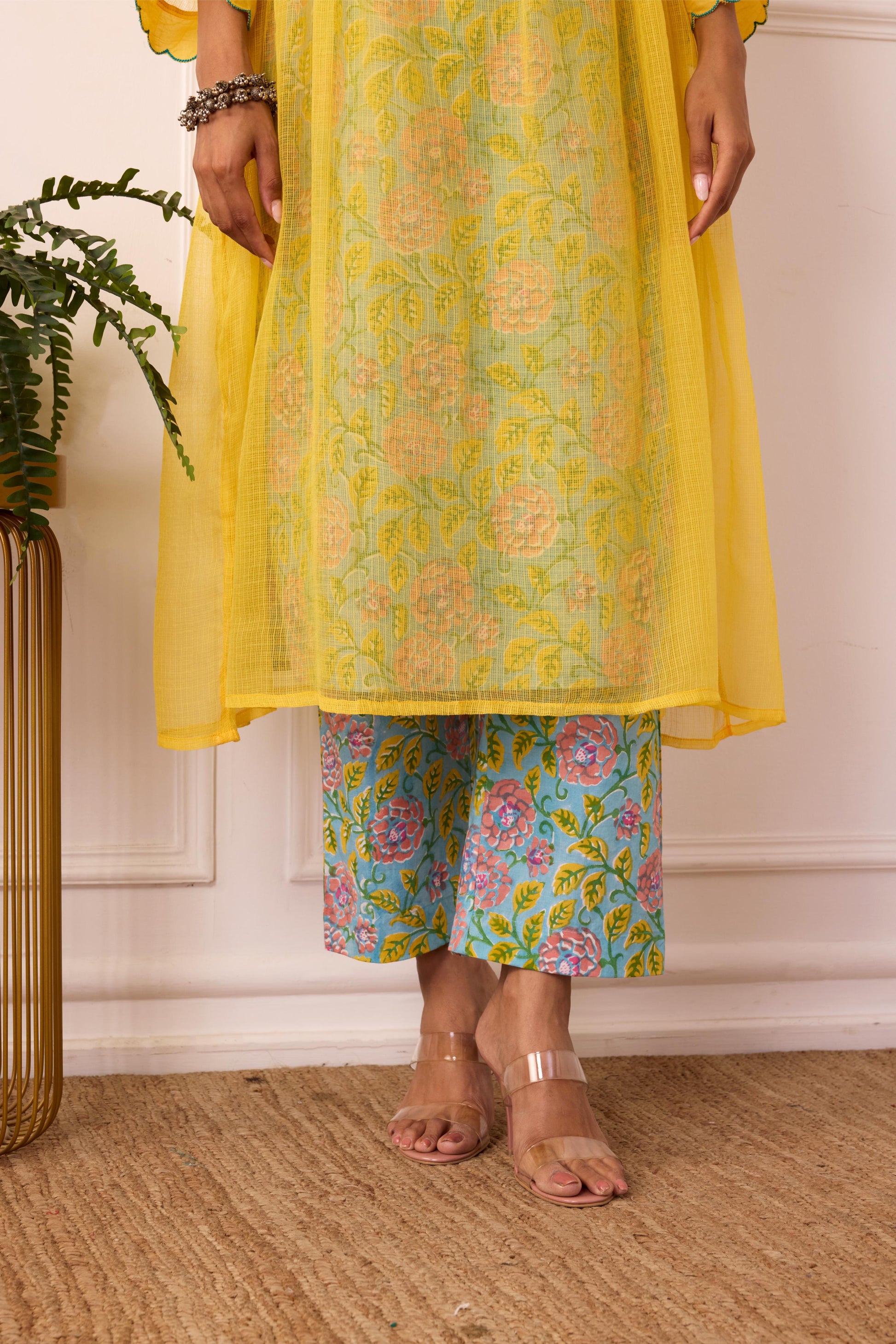 Sukoon Yellow Handblock Printed Kota Doria set with slip ( Set of 3)-FL