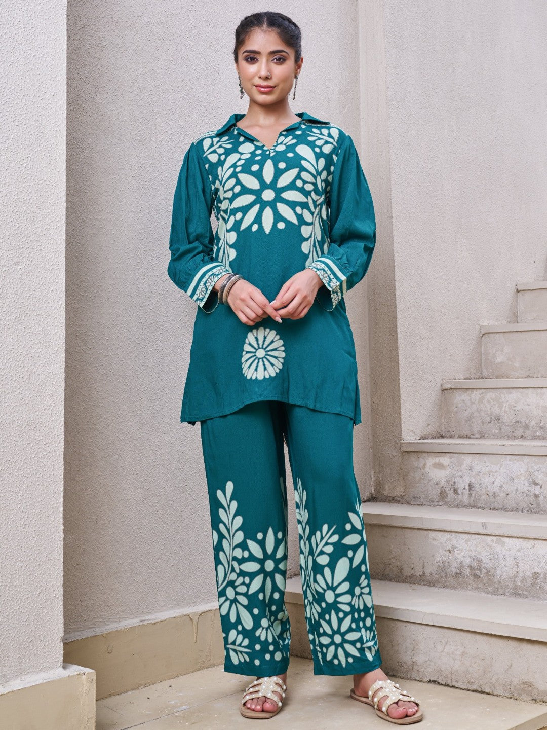 Kabool Teal printed cotton co-ord set-AL