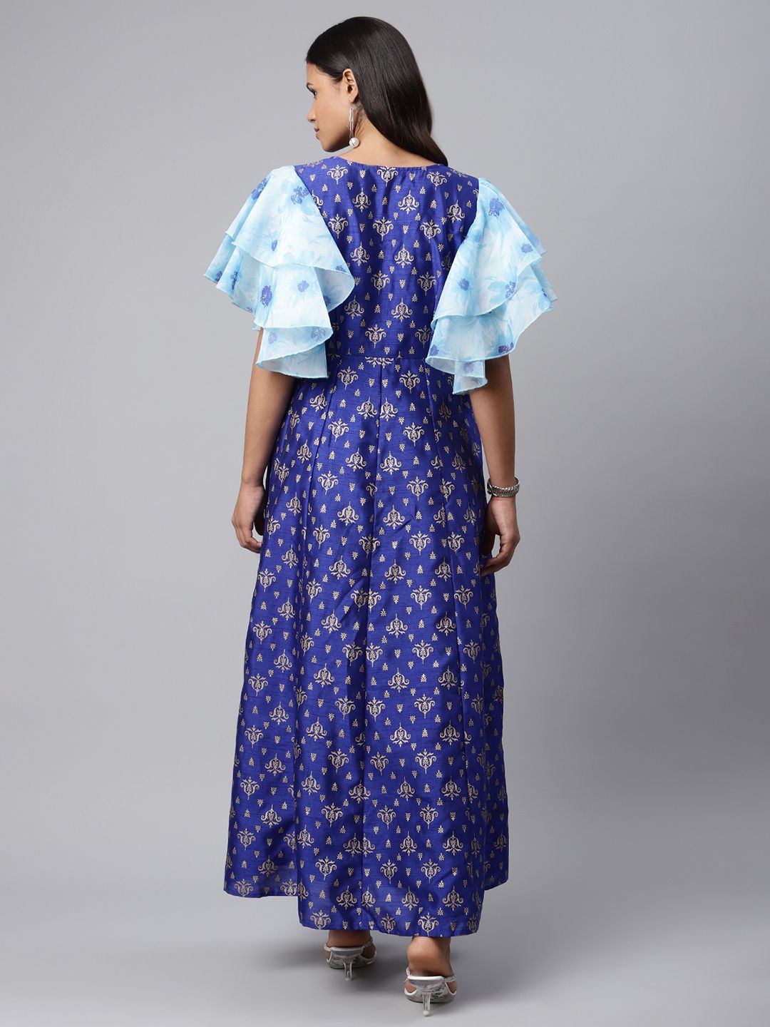 Royal Blue Poly Silk Gold Paste Printed Dress