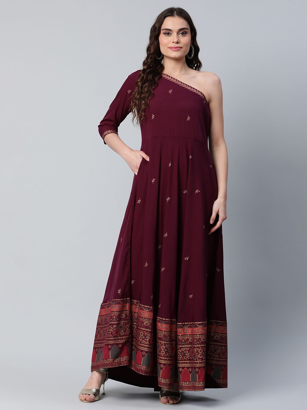 Burgundy & Gold-Toned Printed One Shoulder Ethnic Maxi Dress