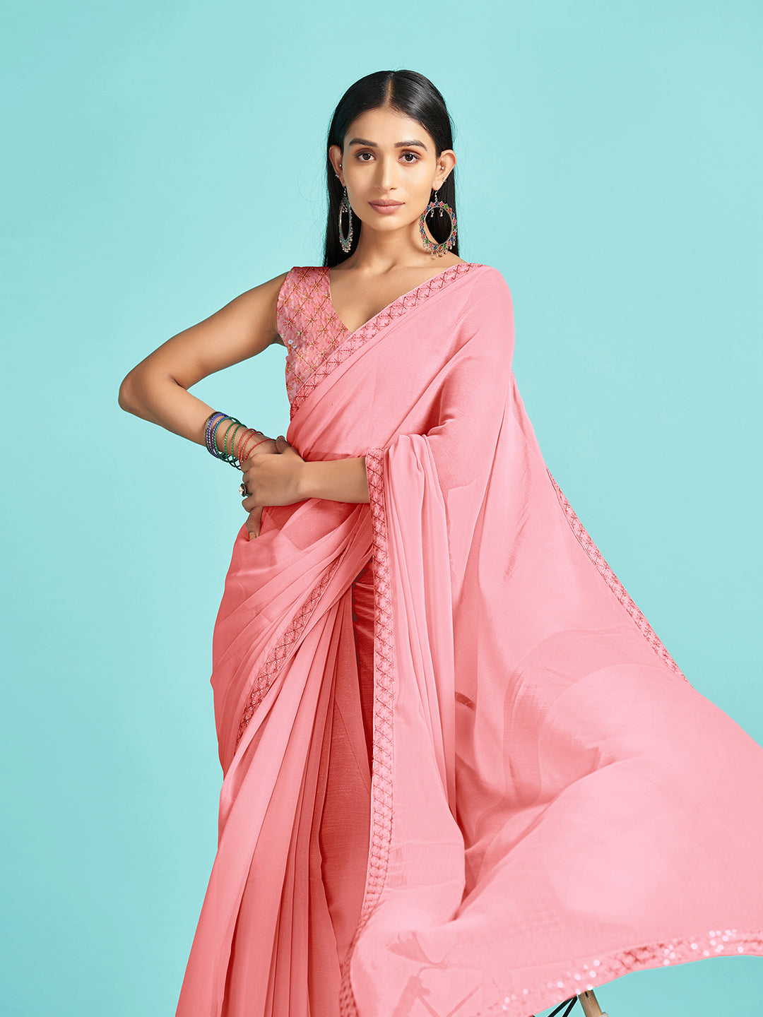 Chiffon Pink Embellished Designer Saree With Blouse