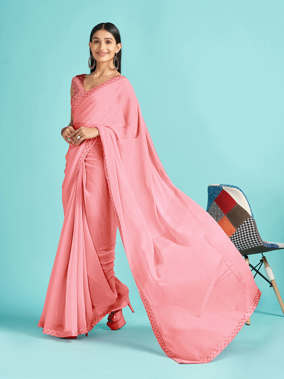 Chiffon Pink Embellished Designer Saree With Blouse